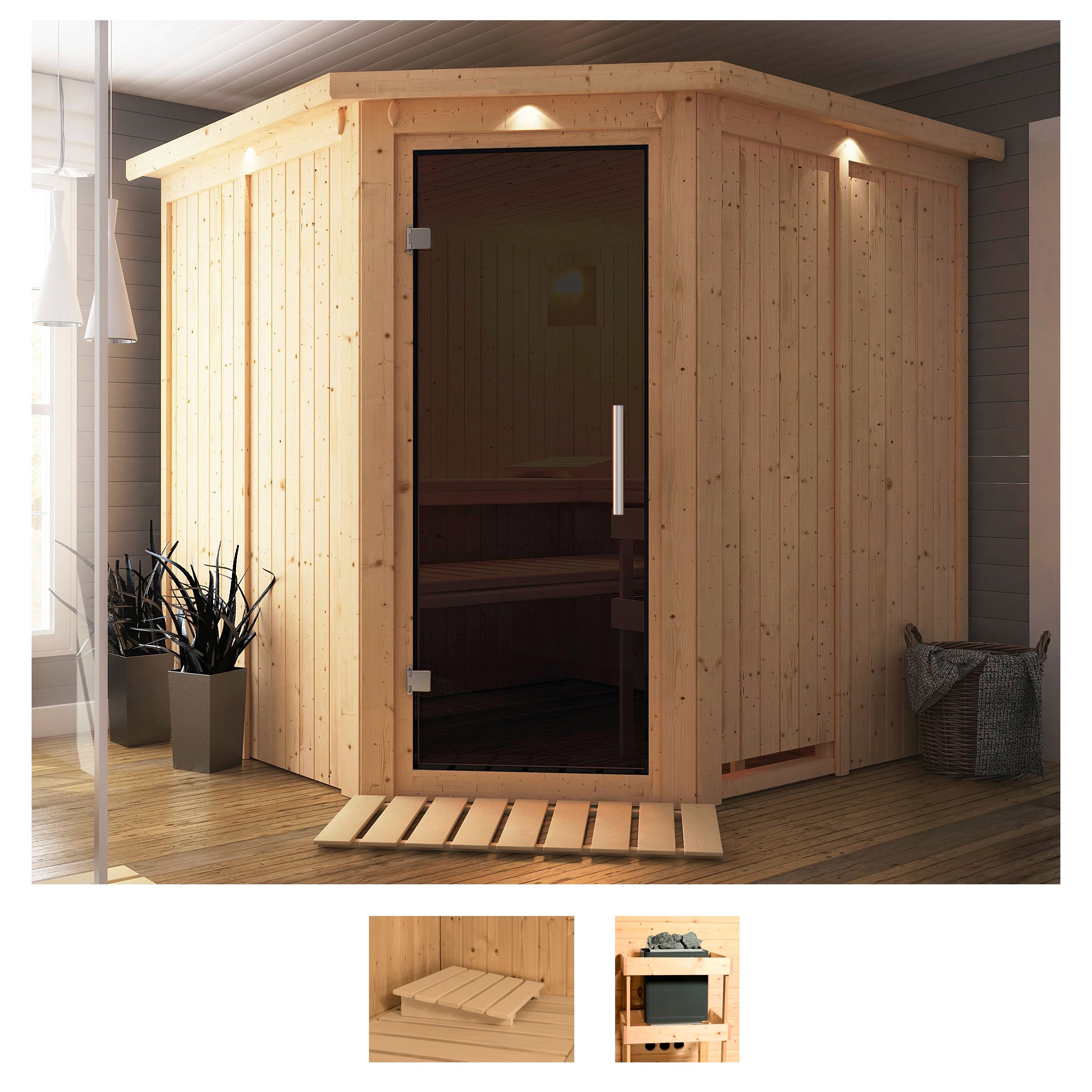 Sauna KARIBU "Jarin", beige (naturbelassen), ohne Ofen, (ohne Ofen), Saunen, ohne Ofen Image