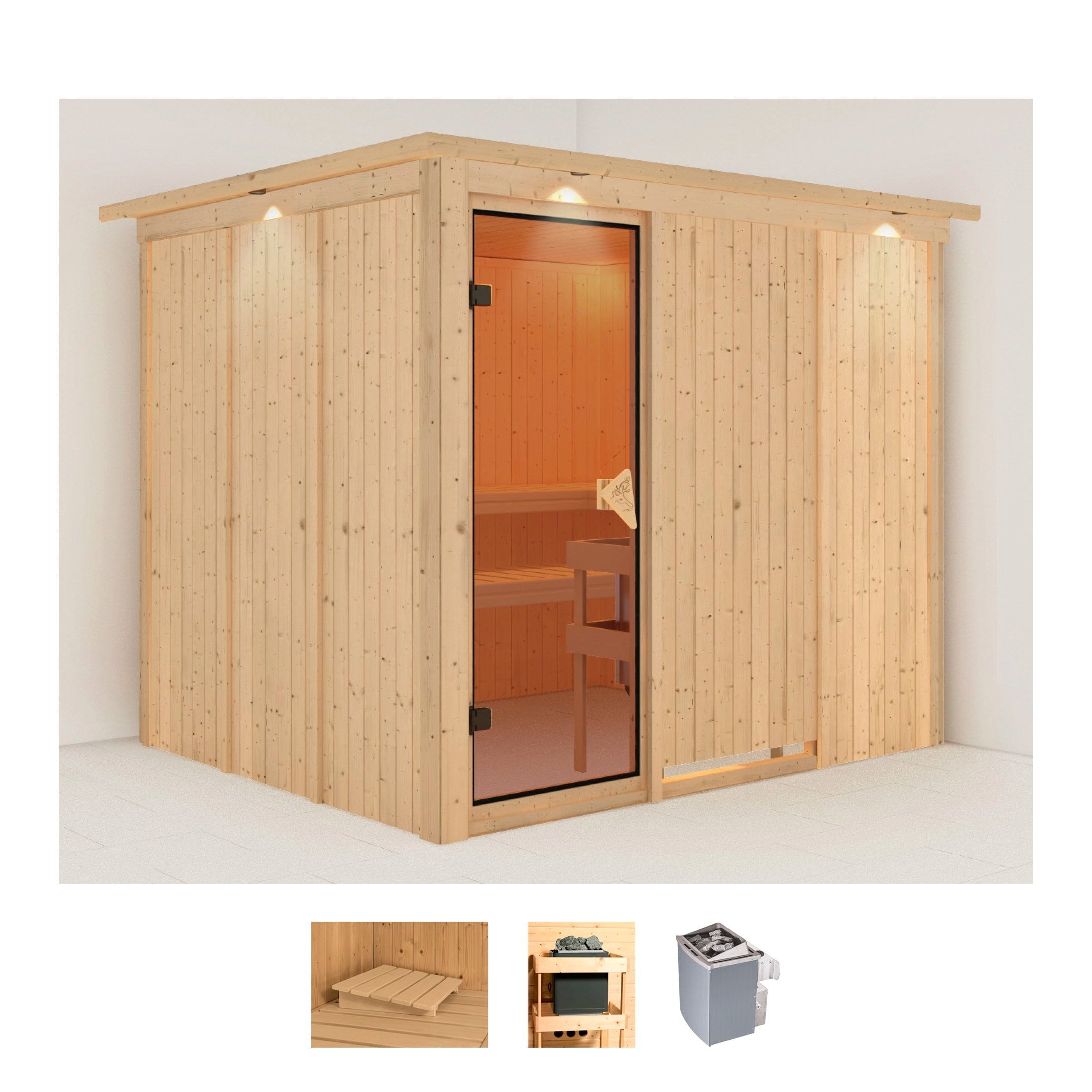 Sauna KARIBU "Gitte", beige (naturbelassen), Saunaofen, integrierte Steuerung, 9 kW, Saunen, 9-kW-Ofen mit integrierter Steuerung Image