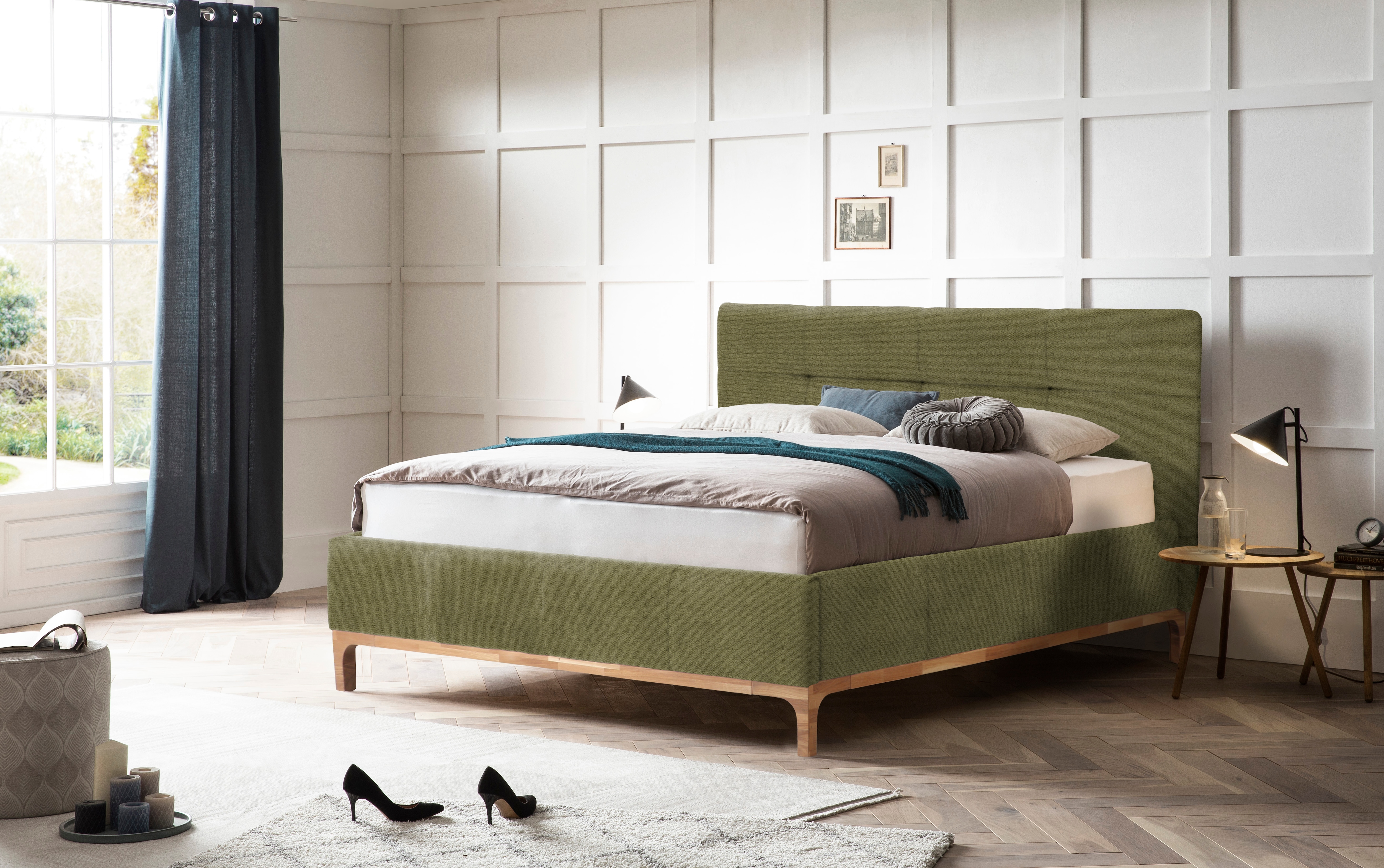 Polsterbett HOME AFFAIRE "Noan", grün (olive), B:158cm H:118cm L:218cm, Betten, Polsterbett, Bettkasten, Lattenrahmen mit Gasdruckfedern, auch mit 7-Zonen-Matratze