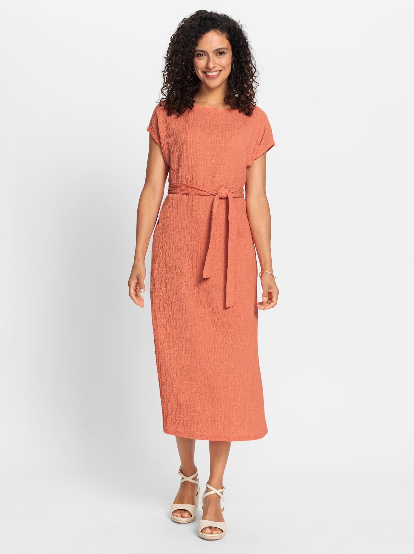 Sommerkleid INSPIRATIONEN "Jersey-Kleid", Damen, Gr. 54, Normalgrößen, orange (papaya), Strick, 99% Polyester, 1% Elasthan, unifarben, wadenlang, U-Boot-Ausschnitt, Kleider Sommerkleid