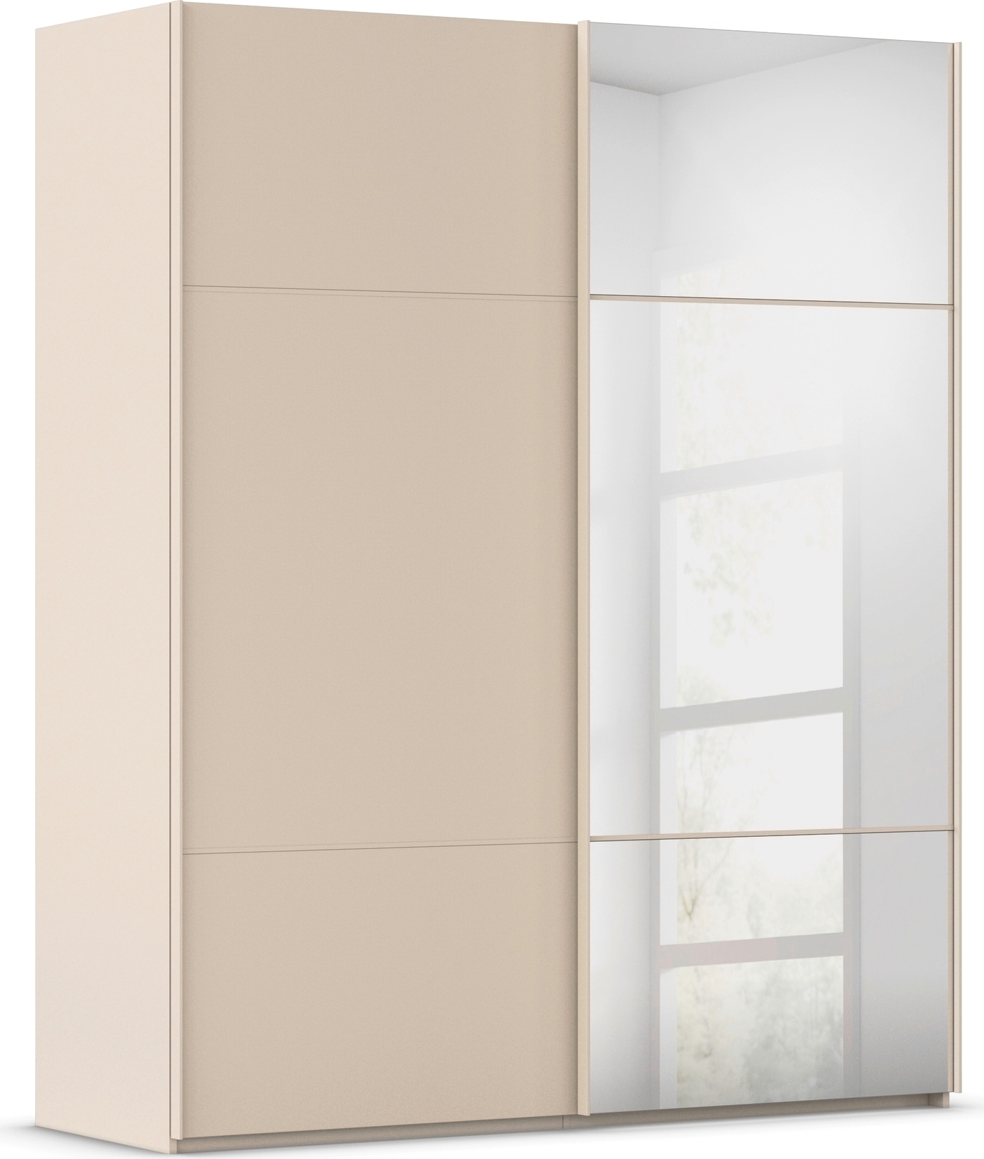 Schwebetürenschrank RAUCH "Kleiderschrank Schrank Garderobe Schlafzimmerschrank SCALE-TRIO", beige (champagner, griffleisten champagner), B:181cm H:223cm T:68cm, Holzwerkstoff, Schränke, edle dreigeteilte Front mit 2 Zierleisten und Spiegel MADE IN... Image