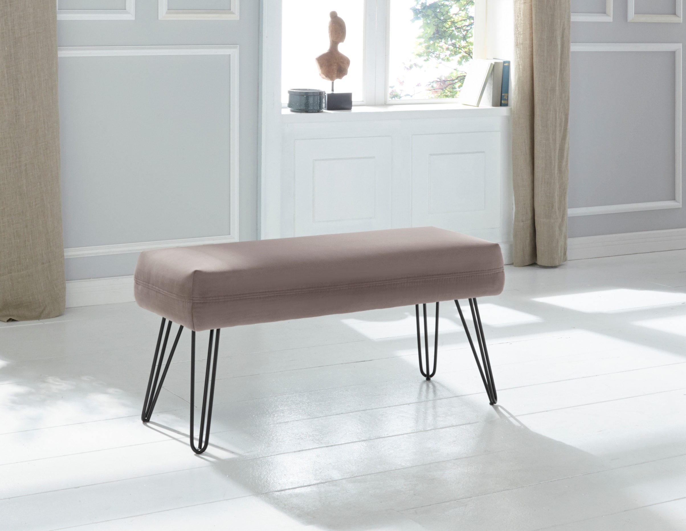 Sitzbank EXXPO - SOFA FASHION "Doppio", grau (taupe), B:104cm H:50cm T:40cm, 100% Polyester, Sitzbänke, Essbank Sitzbank, Frei im Raum stellbar