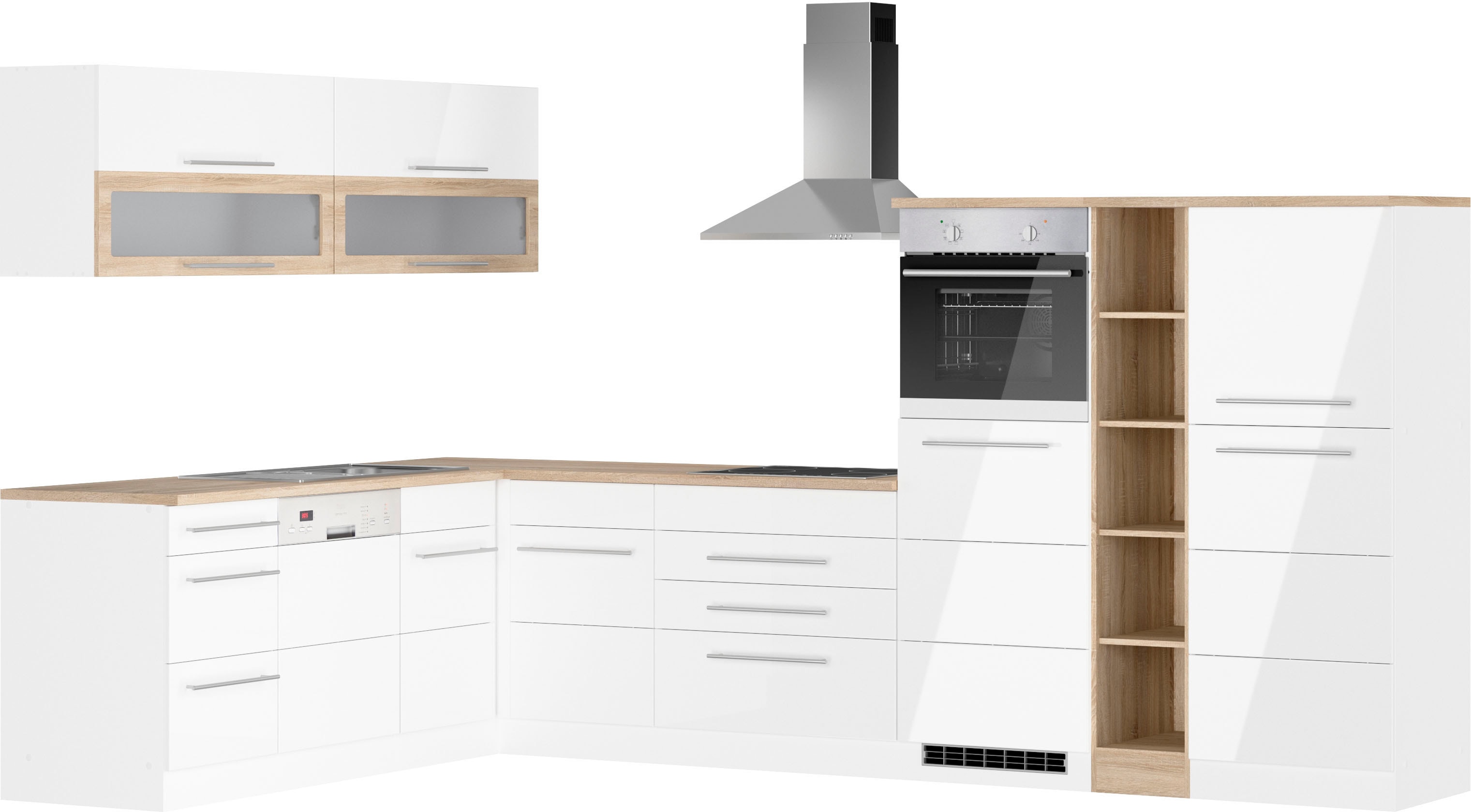 Winkelküche KOCHSTATION "KS-Wien", weiß (küche: weiß, front: hochglanz weiß, korpus: weiß, arbeitsplatte: eiche sonoma), B:220cm H:200cm T:340cm, Komplettküchen-Sets, Stellbreite 220 x 340 cm, wahlweise mit E-Geräten Image