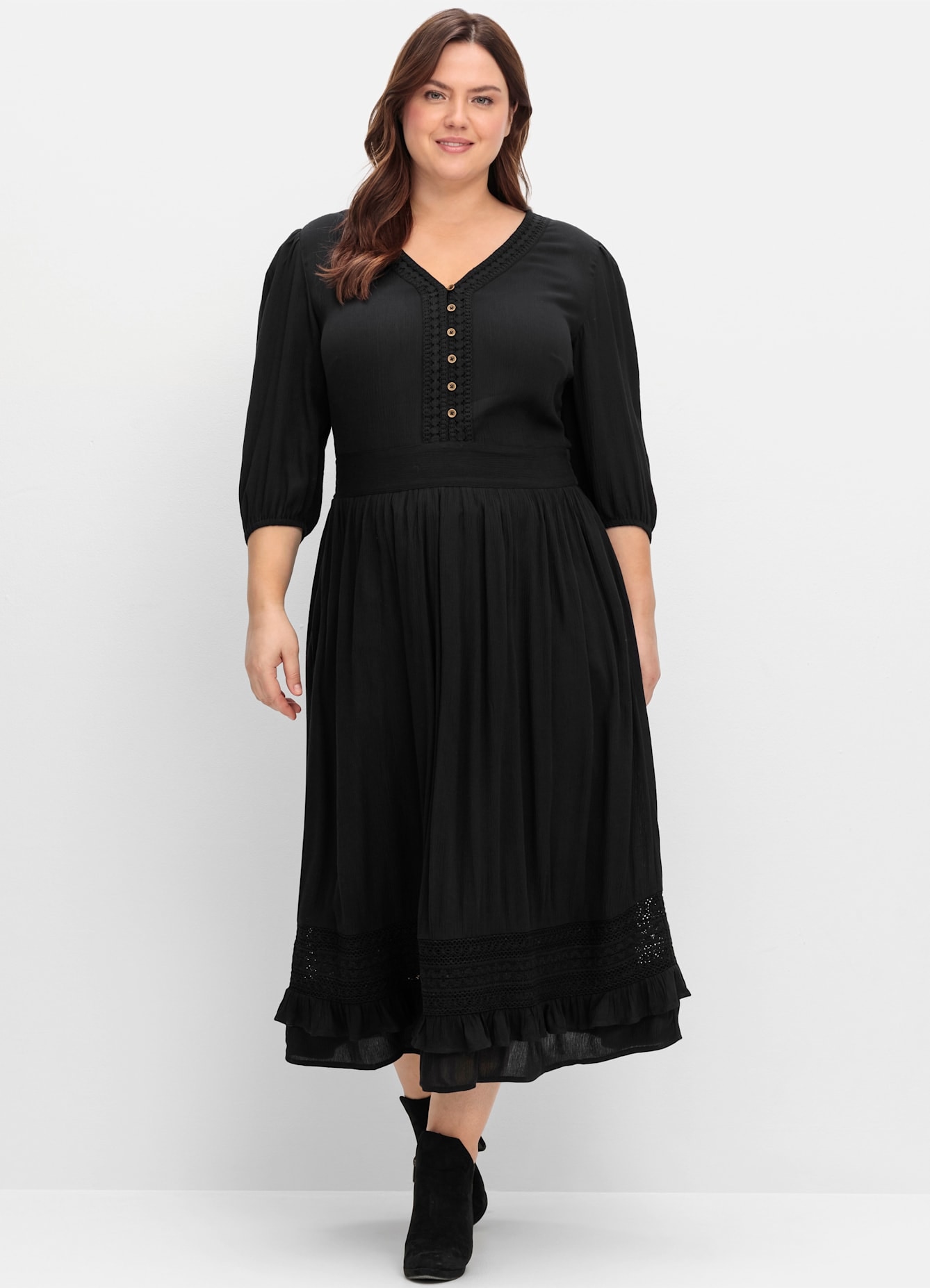 Maxikleid SHEEGO BY JOE BROWNS "Maxikleid", Damen, Gr. 40, Normalgrößen, schwarz, 100% Viskose, unifarben, wadenlang, V-Ausschnitt, Kleider Image
