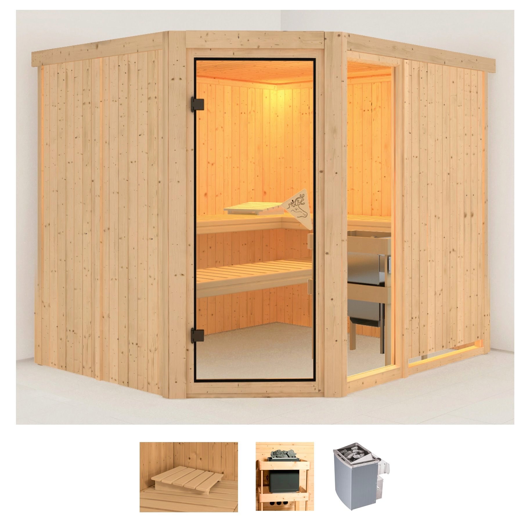 Sauna KARIBU "Frigga 3", beige (naturbelassen), Saunaofen, integrierte Steuerung, 9 kW, Saunen, 9-kW-Ofen mit integrierter Steuerung Image
