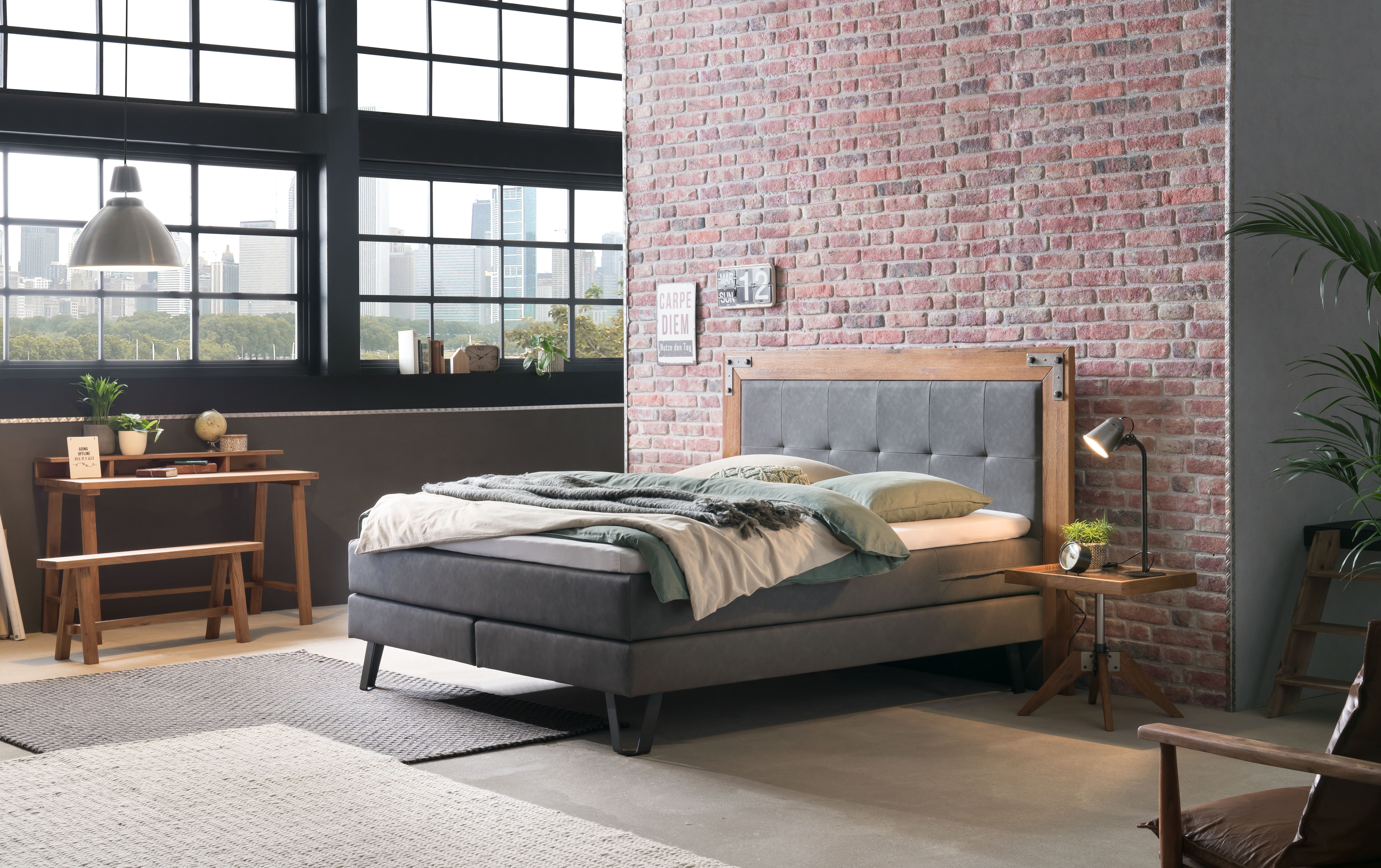 Boxspringbett HASENA "Oakland", schwarz (anthrazit, metall used), B:164cm L:206cm, Komplettbetten, Boxspringbett, Boxspringbett, Industrial Look, Kopfteil aus Wildeiche, Used-Look Image