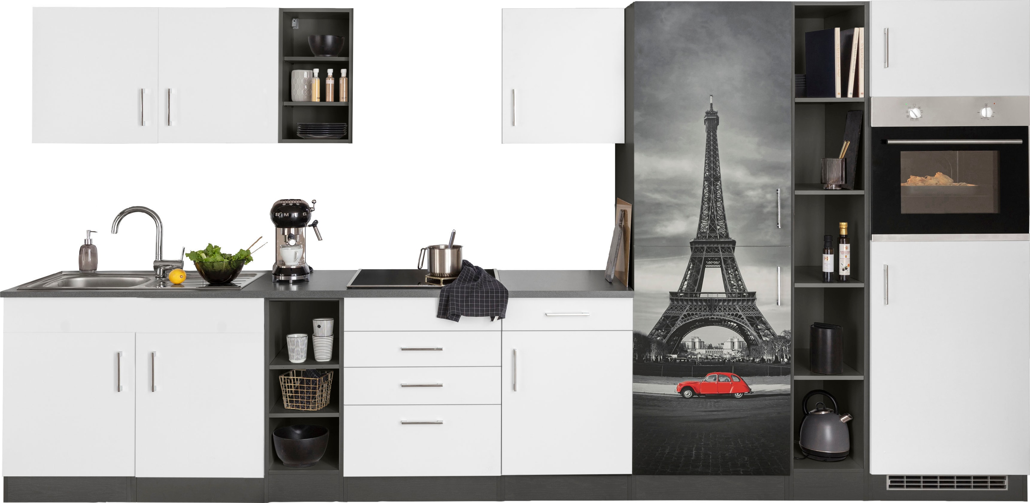 Küchenzeile KOCHSTATION "KS-Paris", weiß (küche: weiß, korpus: grafit, arbeitsplatte: anthrazit), B:390cm T:60cm, Komplettküchen-Sets, ohne E-Geräte, Breite 390 cm Image