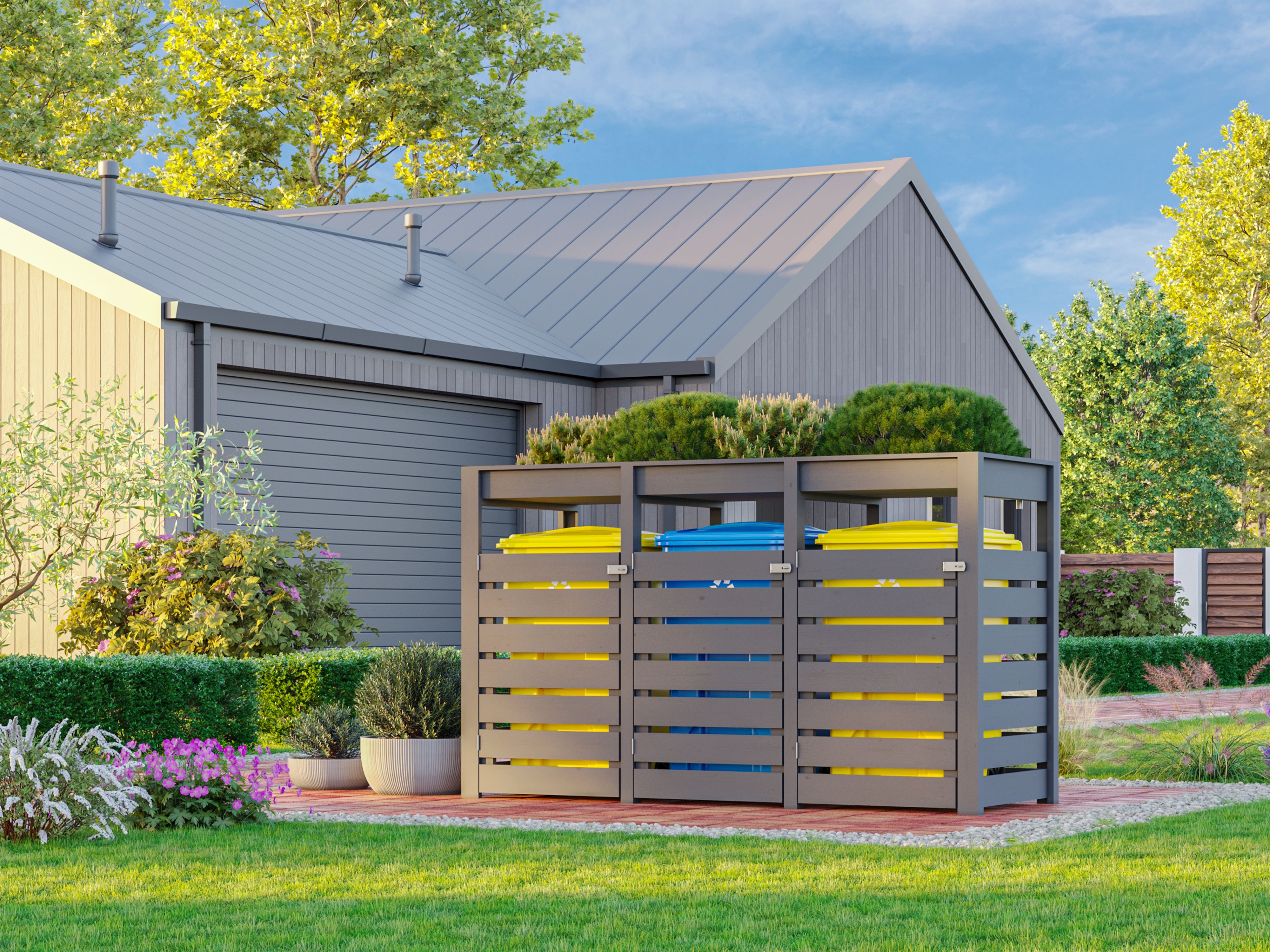 Mülltonnenbox KARIBU "mit integriertem Hochbeet mit 170 l Fassungsvermögen", grau (terragrau), B:238cm H:142,6cm T:87,6cm, Holzwerkstoff, Aufbewahrungsboxen, bietet Platz für bis zu 3 Mülltonnen Image