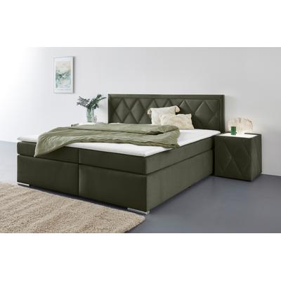 Boxbett LEONIQUE "Alfie, Bestseller, wahlweise mit Bettkasten", grün (dunkel olive), L:206cm, Bezug Bett: Samtvelours (100% Polyester), Bezug der Spiegelfläche Matratzendrell aus 100% Polyester. Topperbezug abnehmbar und waschbar bis 30u00ba C, aus... Image