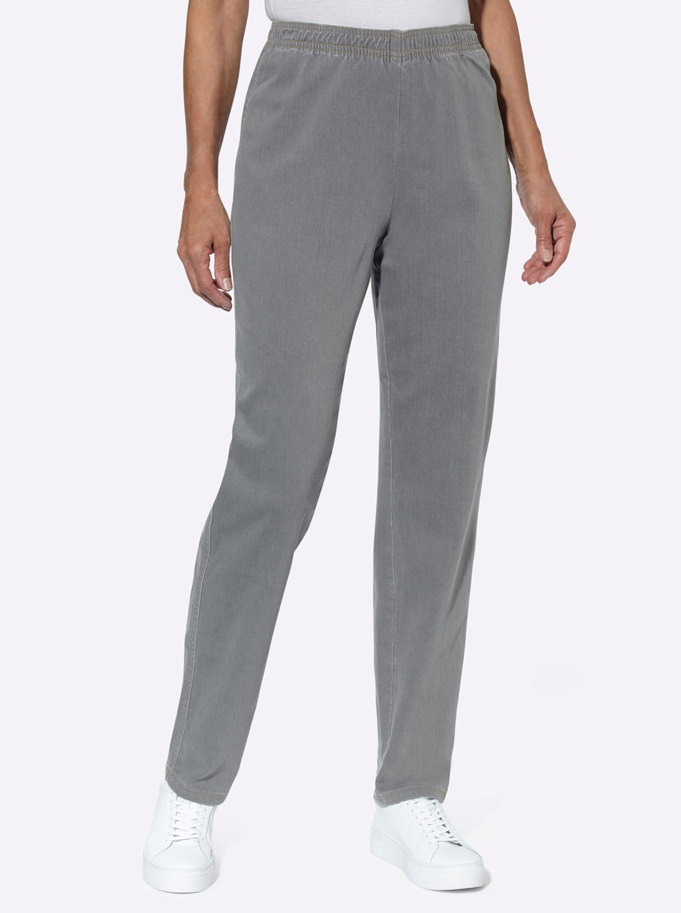 Schlupfjeans CLASSIC BASICS, Damen, Gr. 54, Normalgrößen, grau (grau denim), 81% Baumwolle, 17% Polyester, 2% Elasthan, unifarben, lang, Jeans Schlupfjeans