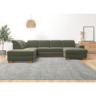 Wohnlandschaft HOME AFFAIRE "Dundee U-Form", grün, B:338cm H:86cm T:219cm, Flachgewebe (100% Polyester), Sofas, wahlweise mit Kopfteilverstellung und zusätzlich mit Bettfunktion Image