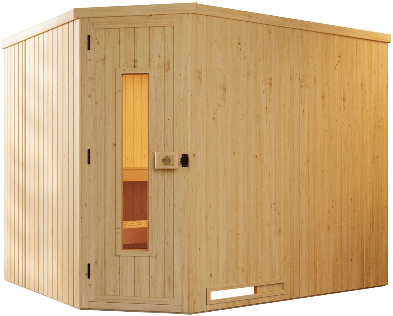 Sauna WEKA "Element-Ecksauna VARBERG 4", beige (natur), Saunaofen, externe Steuerung, 7,5 kW, Saunen, vorgefertigte Elemente, isolierte Holztür