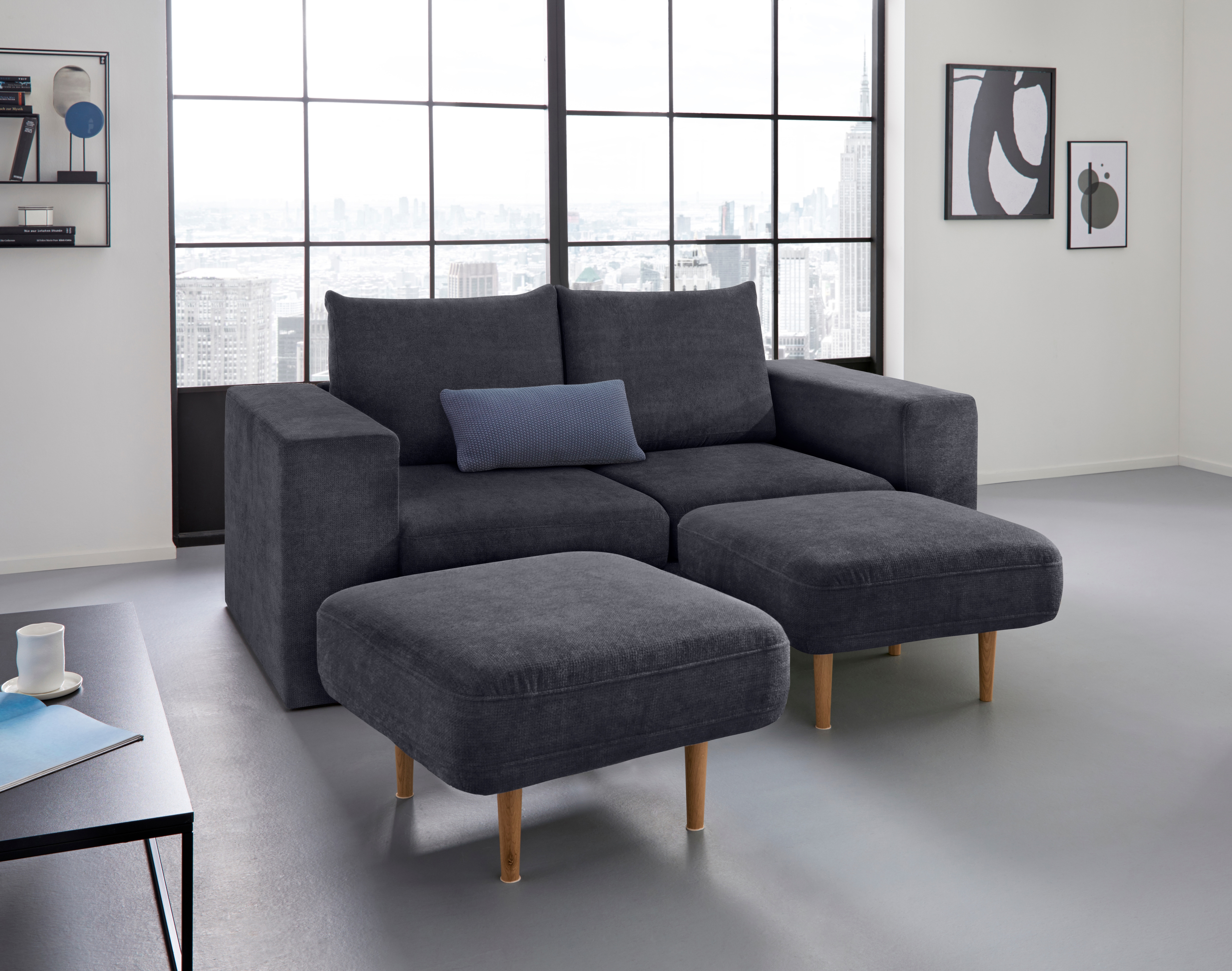 2,5-Sitzer "Looksv", blau (dunkelblau), B:192cm H:96cm T:107cm, LOOKS BY WOLFGANG JOOP, Sofas, Verwandlungssofa: aus Sofa wird Sofa mit 2 Hockern