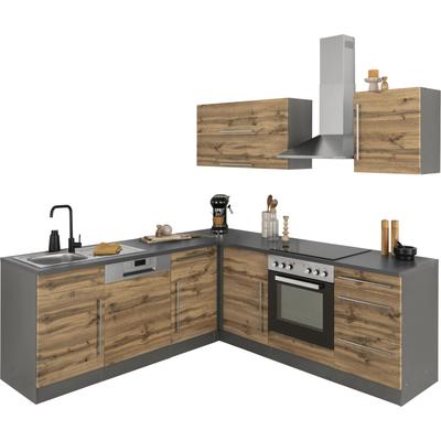 Winkelküche KOCHSTATION "KS-Samos", braun (front: wotaneichefarben, korpus: grafitgrau, arbeitsplatte: anthrazit), B:220cm H:200cm T:60cm, Komplettküchen-Sets, L-Küche, mit E-Geräten, Stellbreite 220/220 cm Image