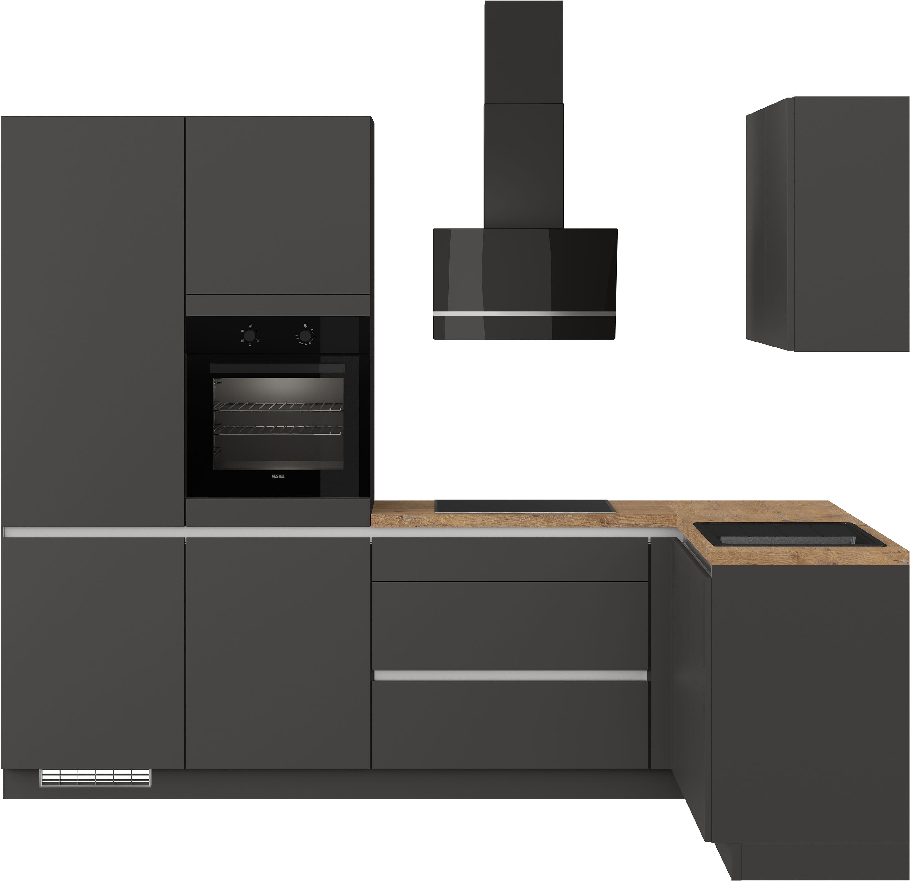 Winkelküche IMPULS KÜCHEN ""Dublin", Ausrichtung wählbar, Schubkästen mit Soft-Close", grau (küche: grau, front: grafit, korpus: grafit, spanplatte, arbeitsplatte: vintage eiche, nachbildung), B:460cm H:222cm T:60cm, Komplettküchen-Sets,...