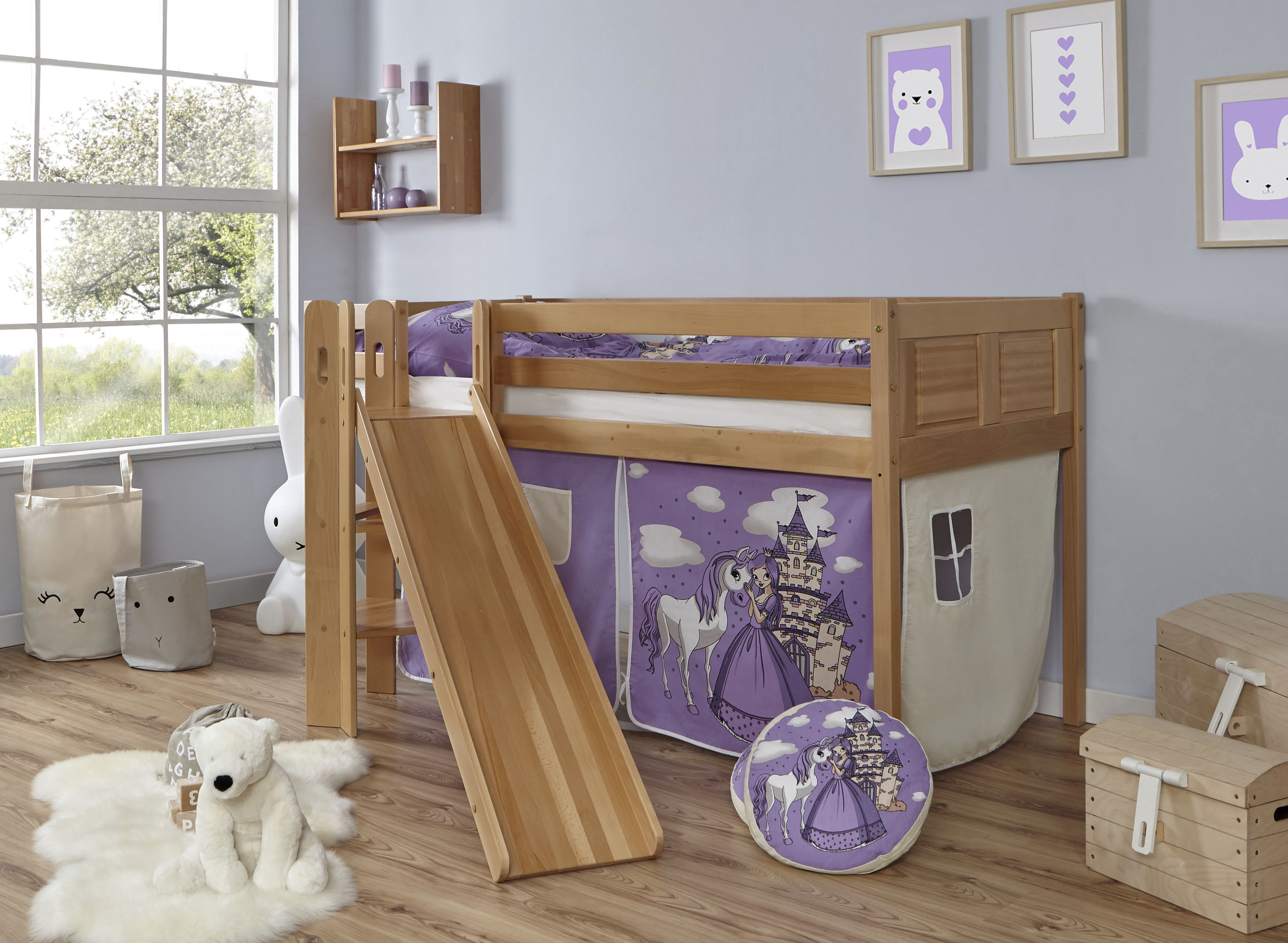 Hochbett TICAA "Ekki", lila (buche natur lackiert, prinzessin, lila), B:179cm H:113cm L:205cm, Hochbetten, Hochbett, mit Rollrost und Textil-Set wahlweise mit Matratze, Buche