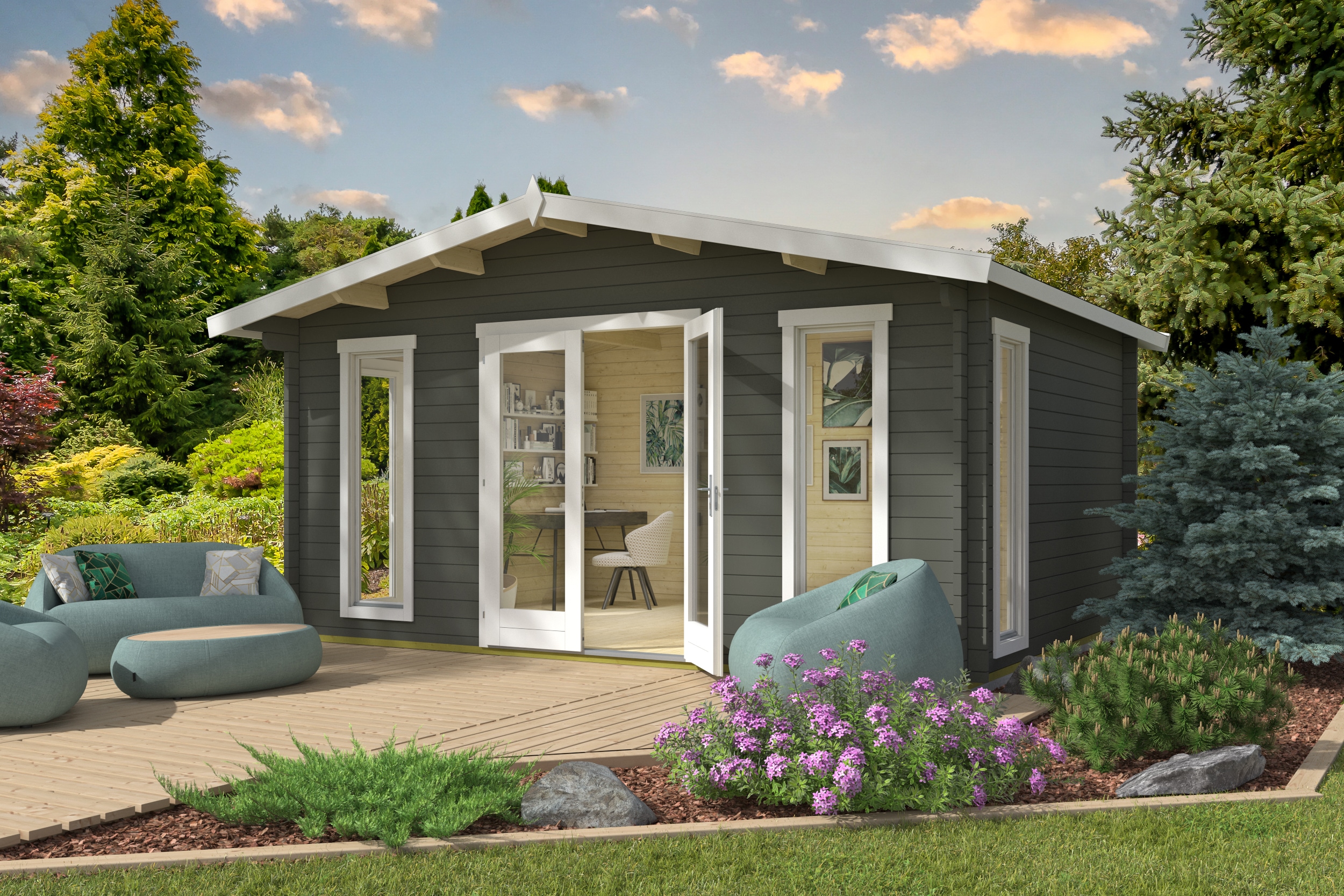 Gartenhaus NORDIC HOLZ "ELGIN 44 SET", grün (grüngrau), Fußboden im Gartenhaus, Massivholzdach, Holz, Gartenhäuser, Gartenhaus