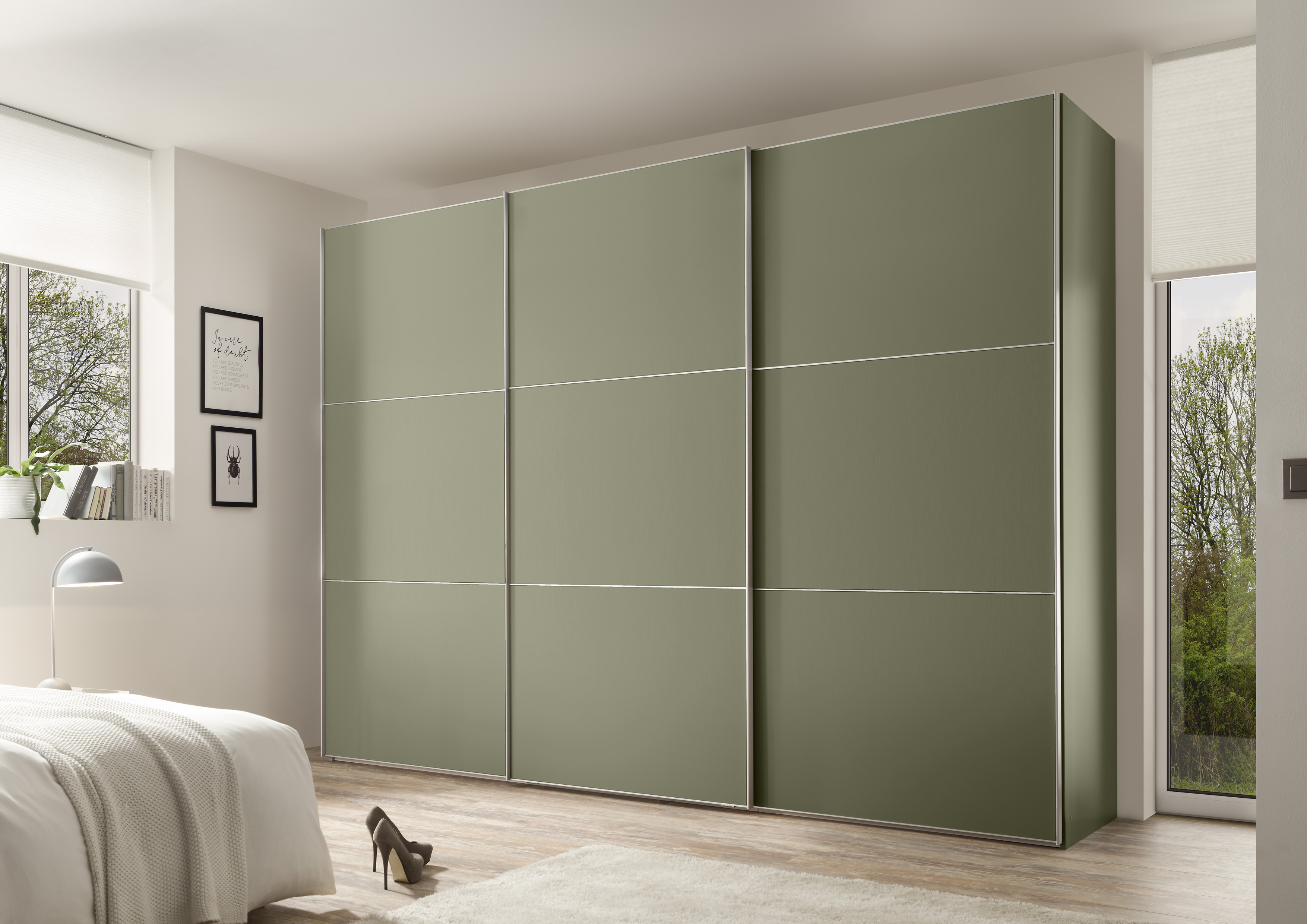 Schwebetürenschrank STAUD "Includo, kurze Lieferzeit: "Premium Variante in Weiß in 249cm Breite", dekor salbei, B:298cm H:222cm T:68cm, Holzwerkstoff, Schränke Image