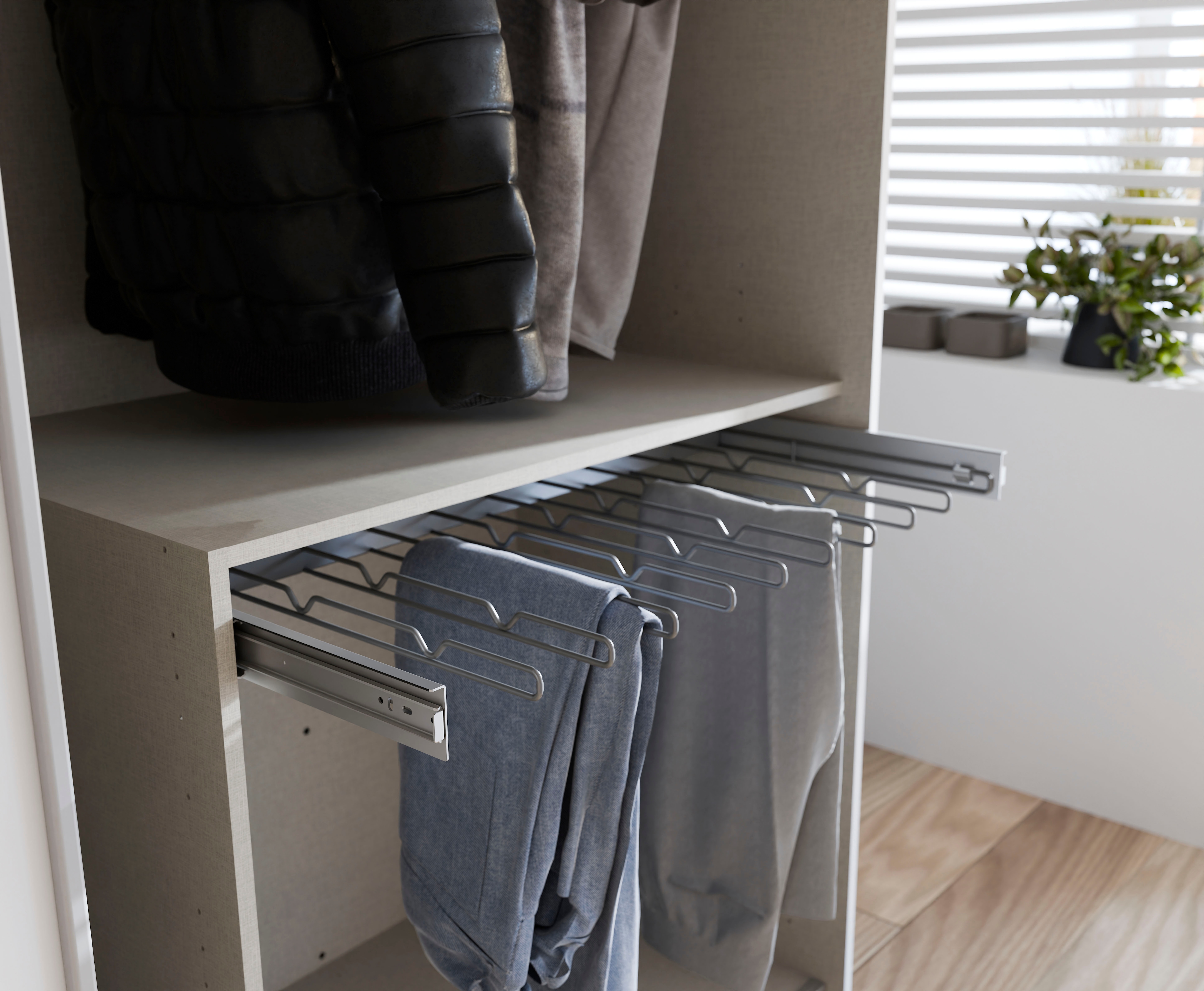 Hosenhalter FORTE, grau, B:82cm H:5,2cm T:50cm, Metall, Hosenhalter, Hosenhalter, Schrankauszug für ihe Hosen, platzsparend, einfache Montage