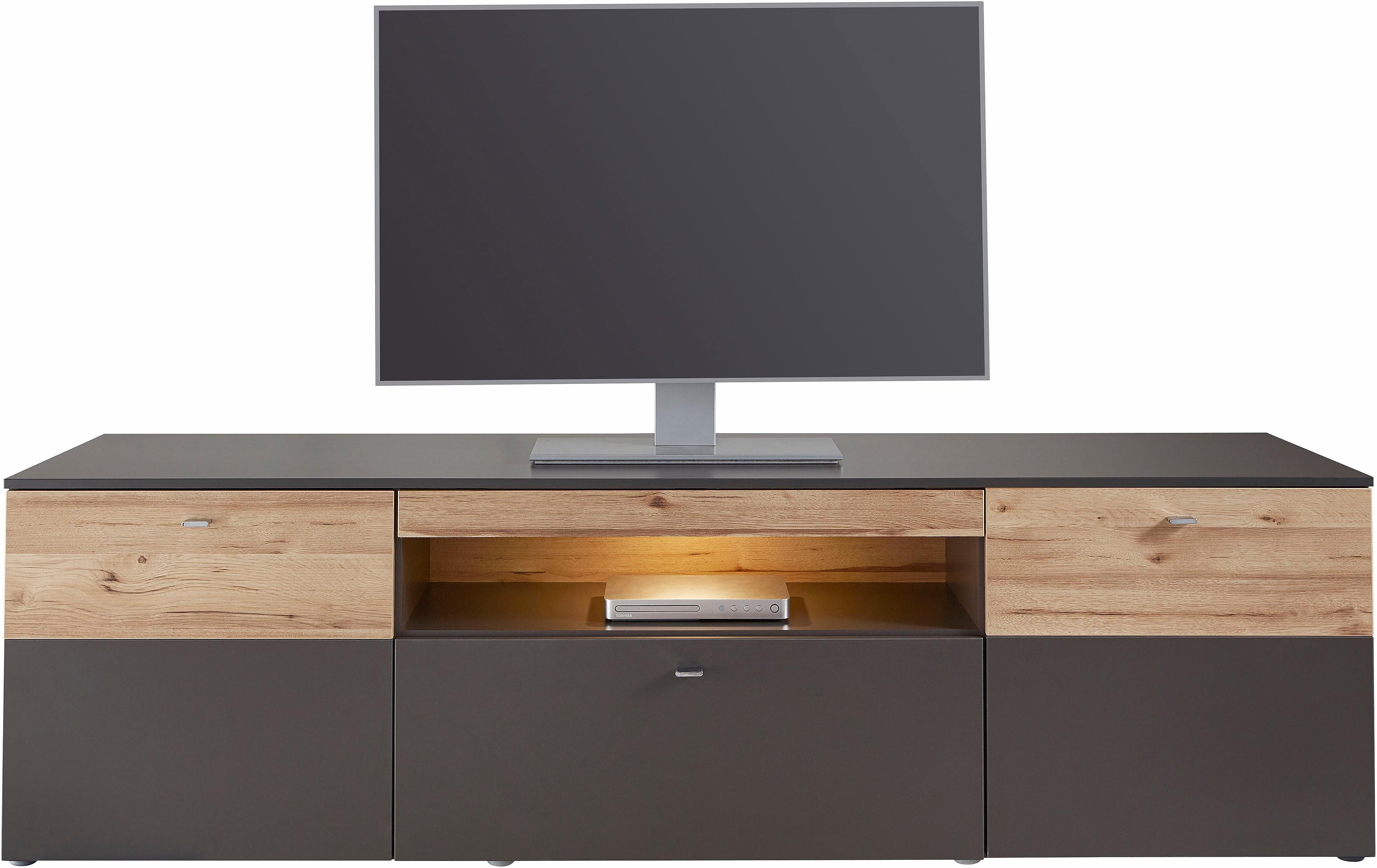 Lowboard FORTE "Como", grau (grau, eichefarben), B:209,8cm H:59,3cm T:52cm, Sideboards, Lowboard, TV-Board, LED Beleuchtung, Soft Close, Stauraum, 209,8/59,3/52 cm