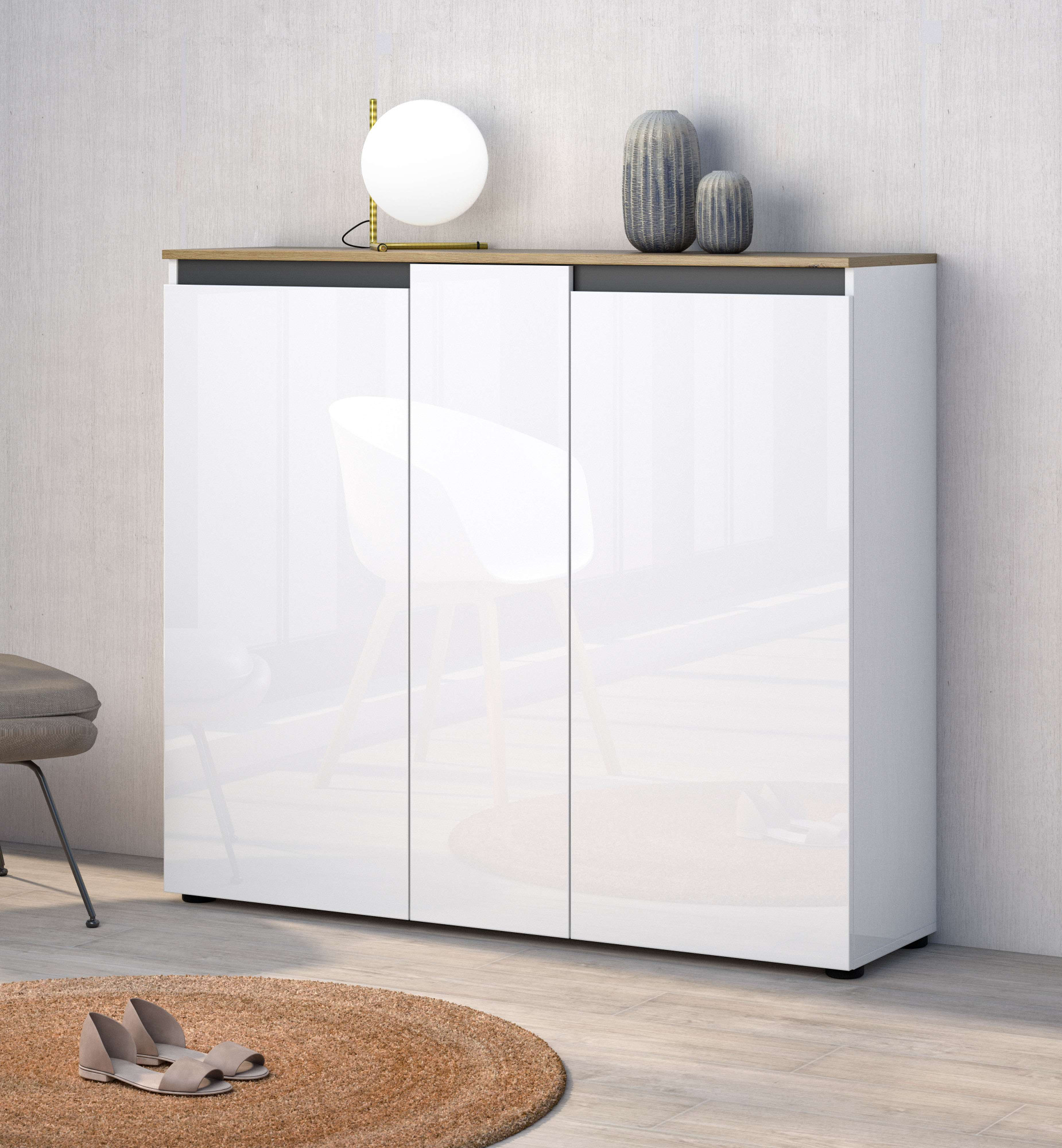 Schuhschrank HOME AFFAIRE "Zippo, Schuhkommode,Schuhregal,Made in Italy,stehend", weiß (weiß, eiche), B:130cm H:113cm T:35cm, Schränke, Schuhschrank, Front/Korpus hochglanz lackiert B/T: 130x35 cm,6 Fächer,30 paar Schuhe