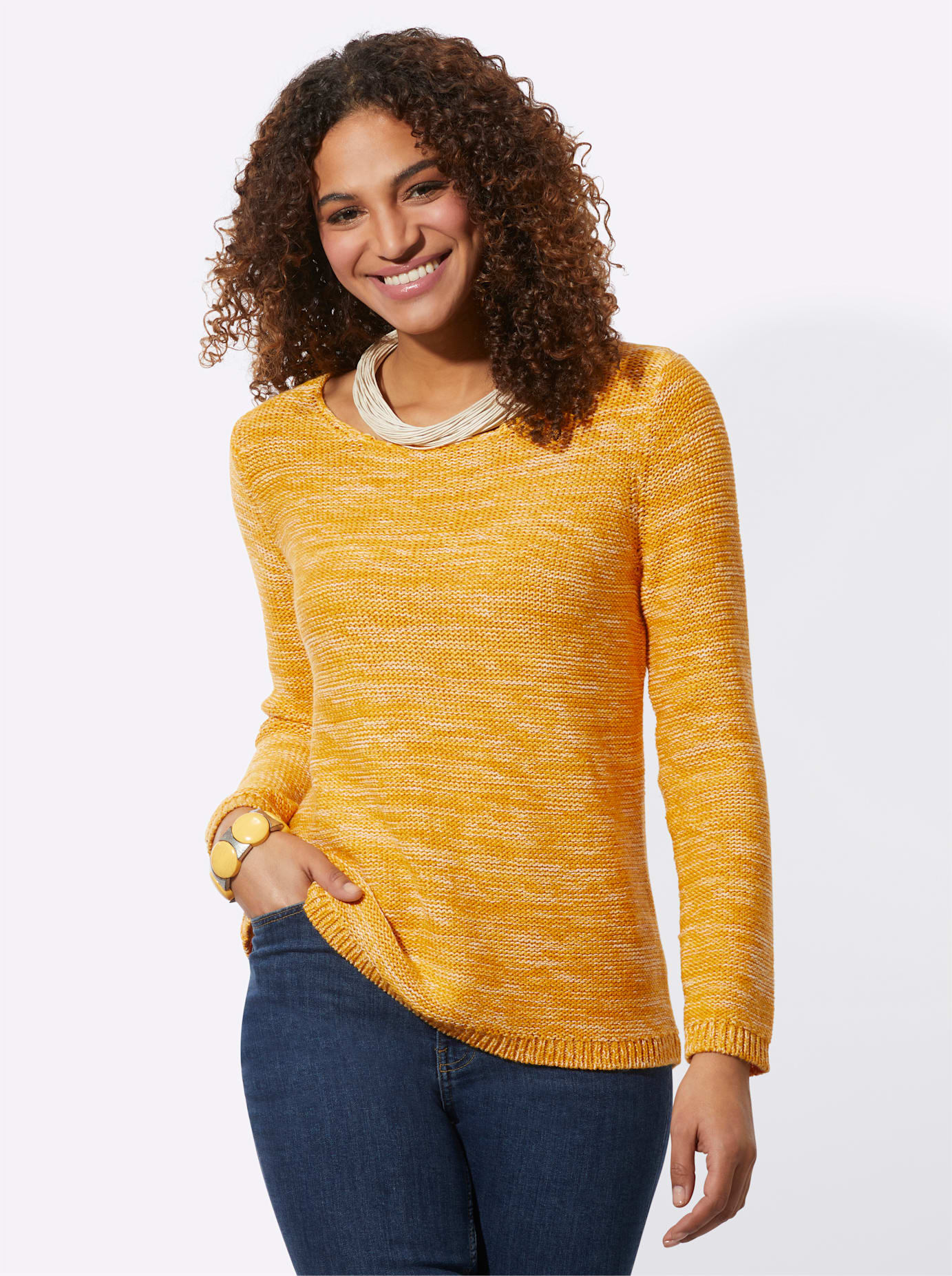 Rundhalspullover CASUAL LOOKS "Pullover", Damen, Gr. 52, gelb (ocker, meliert), 54% Baumwolle, 46% Polyacryl, meliert, figurumspielend, Pullover Rundhalspullover