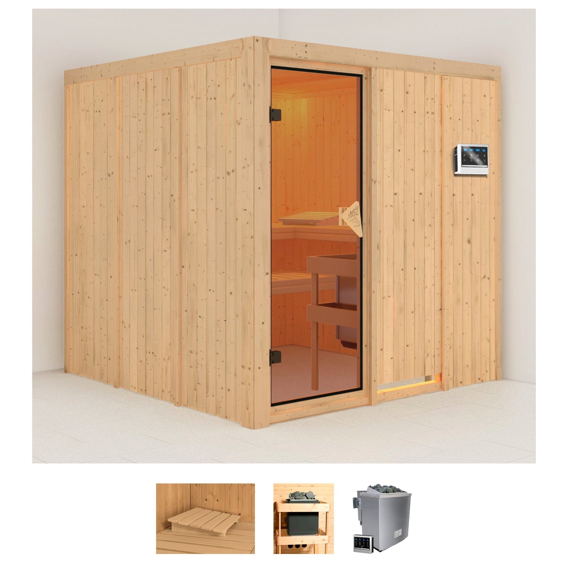 Sauna KARIBU "Rodin", beige (naturbelassen), Bio-Kombiofen, externe Steuerung, 9 kW, Saunen, Ofen 9 kW Bio externe Strg easy
