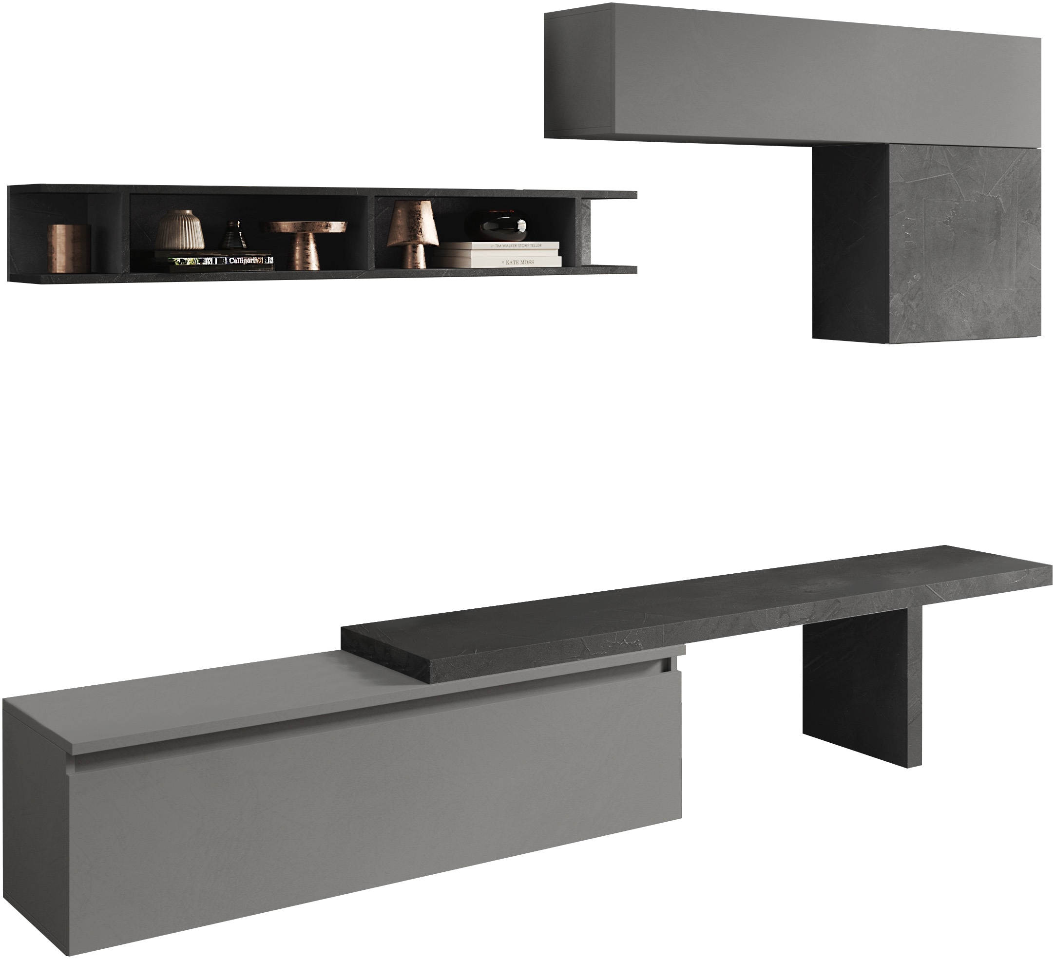 Wohnwand INOSIGN "Infinity, 5tlg. Breite 260 cm, Höhe variabel, Schrankwand, Anbauwand", grau (steingrau (ardesia), bleigrau (piombo)), B:260cm H:40cm T:190cm, Holzwerkstoff, Kastenmöbel-Sets, Wohnwand, (Lowboard, T-Boden, Hängeschrank, Hängewürfel,...