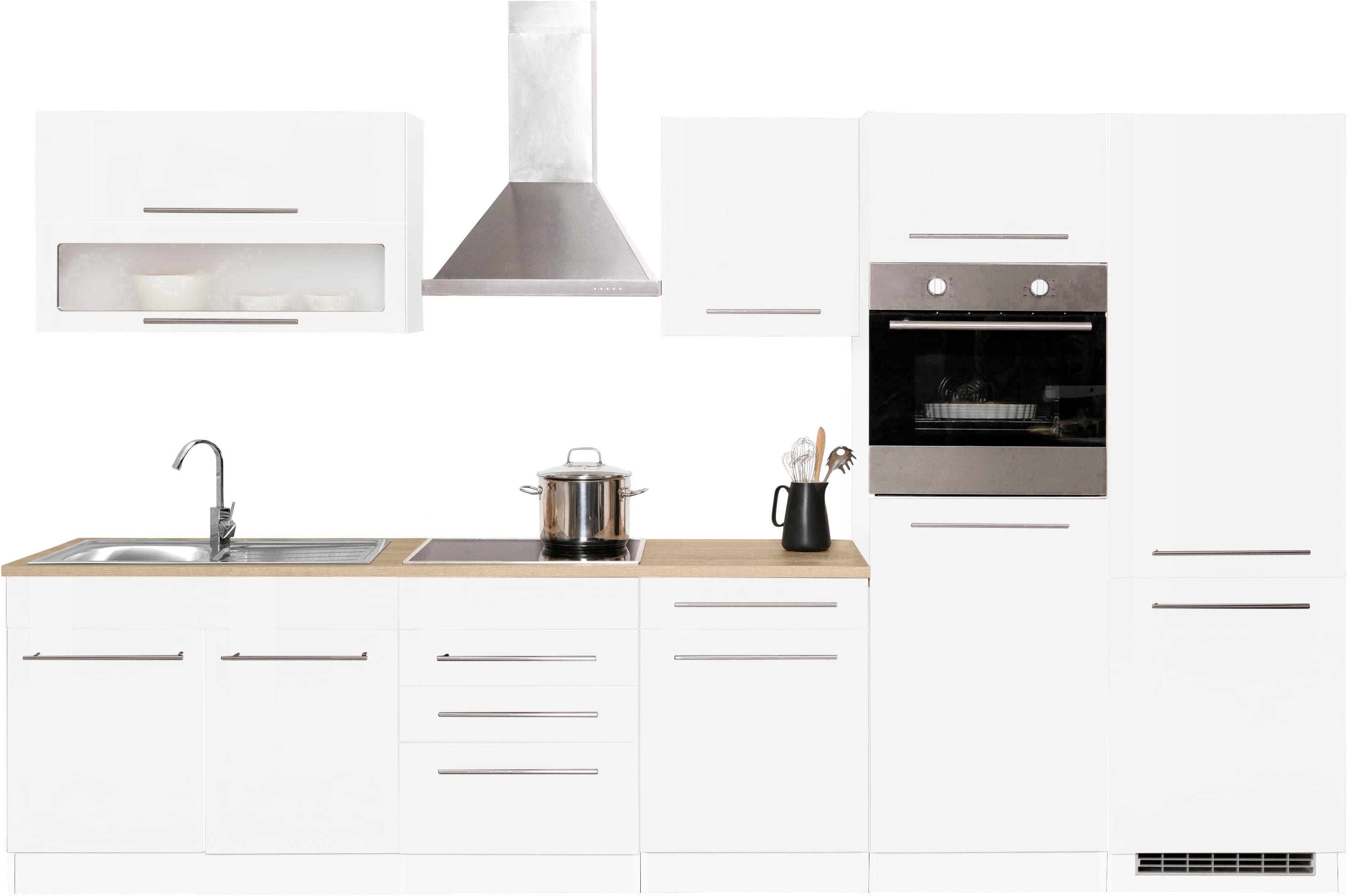 Küchenzeile KOCHSTATION "KS-Eton", weiß (küche: weiß, korpus: weiß, arbeitsplatte: eichefarben), B:330cm T:60cm, Komplettküchen-Sets, ohne E-Geräte, Breite 330 cm Image