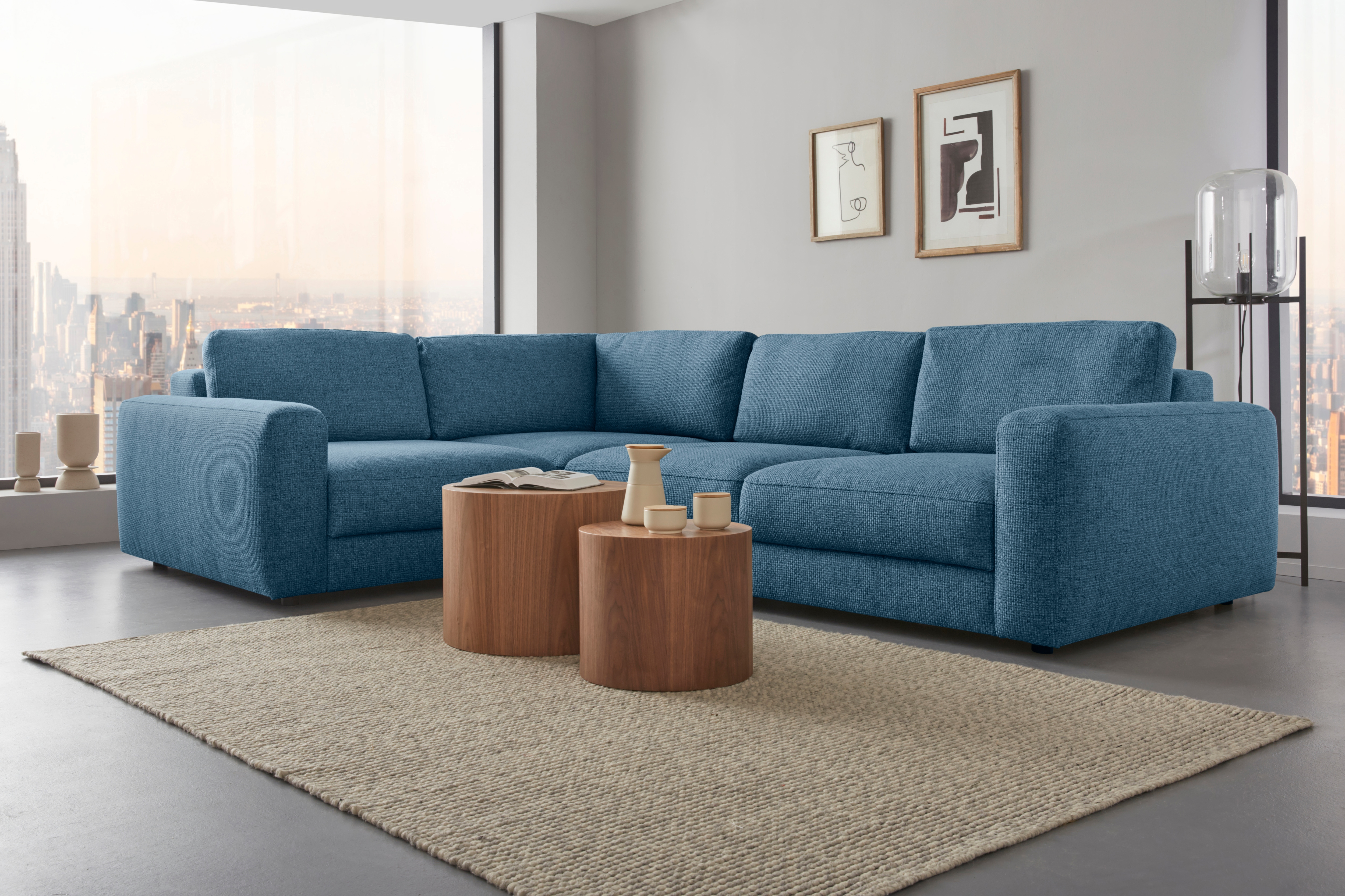 Ecksofa PLACES OF STYLE "Bloomfield, Mega Polsterecke, Breite 289cm, viel Platz, L-Form", blau (tepestry), B:209cm H:84cm T:289cm, 100% Polyester, Sofas, In verschiedenen Größen