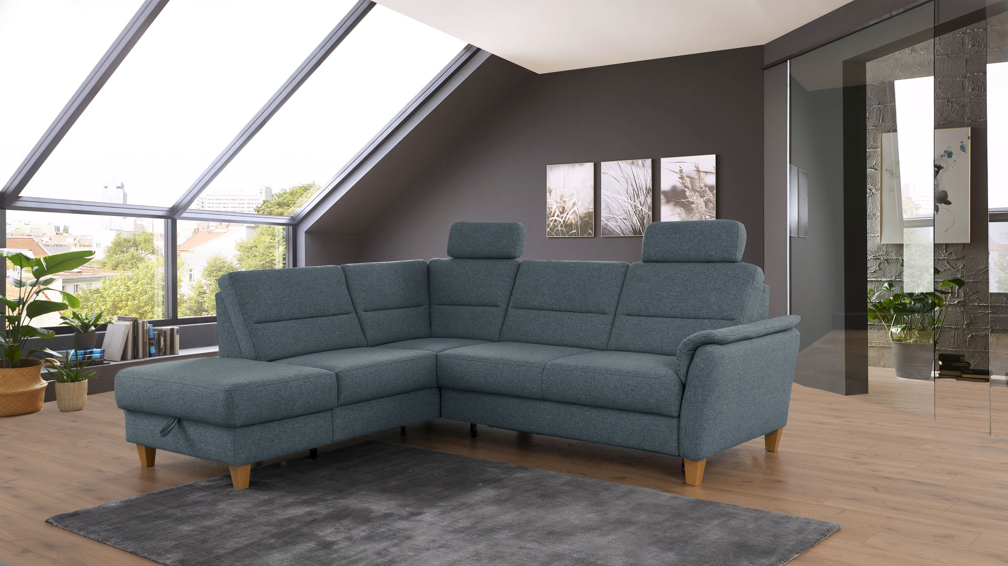 Ecksofa HOME AFFAIRE "Palmera L-Form, B: 236 cm", blau (blaugrau), B:236cm H:89cm T:212cm, 100% Polyester;Struktur (100% Polyester);Luxus-Microfaser in Lederoptik (100% Polyester), Sofas, optional Bettfunktion & Bettkasten, Federkern Image