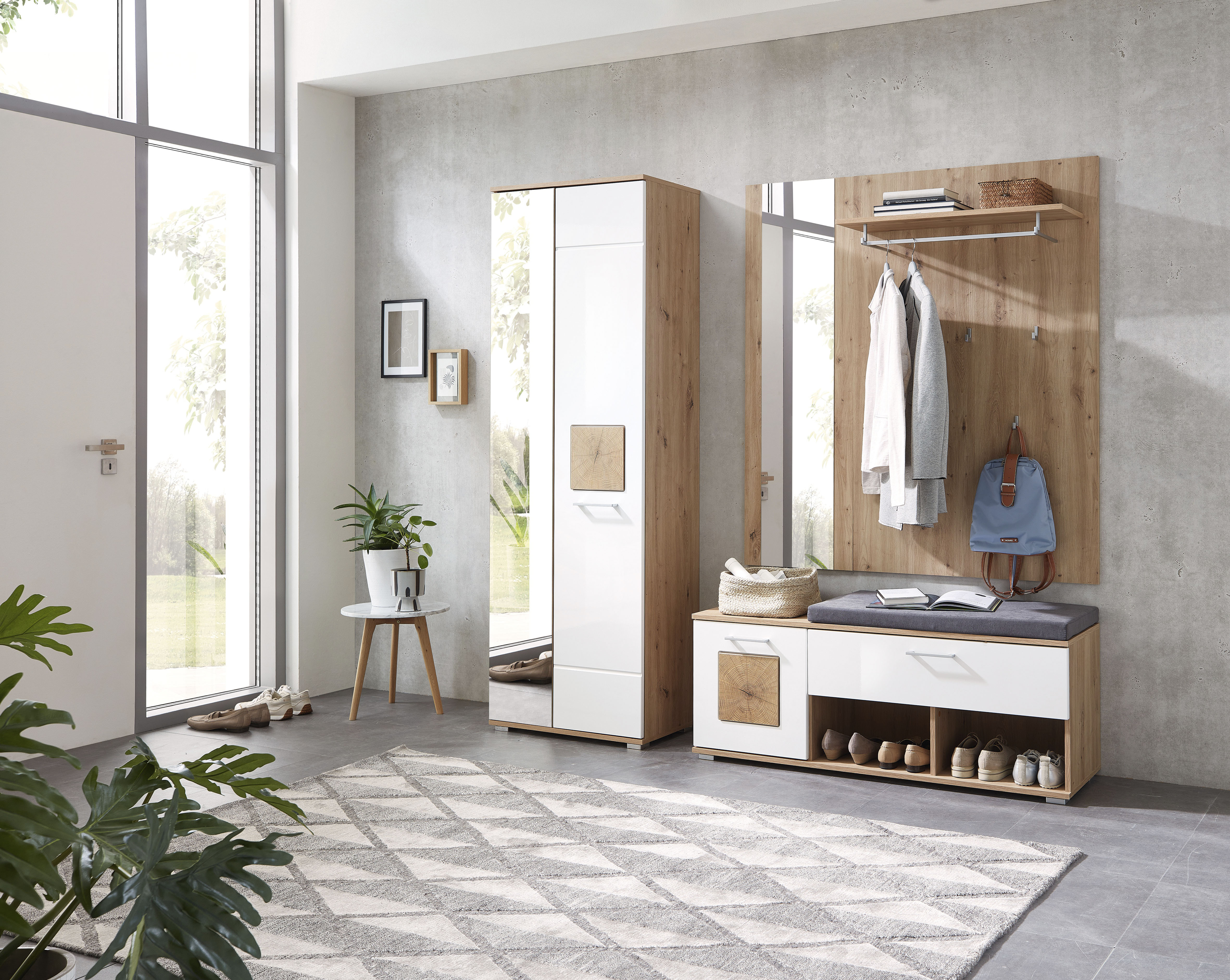 Garderoben-Set INNOSTYLE "Fun Garderoben Set, 206x195x38cm (B/H/T)", weiß, artisan eiche, B:206cm H:195cm T:38cm, Holzwerkstoff, MDF, Kastenmöbel-Sets, besteht aus 3 Typen,Spiegeltür,Sitzkissen