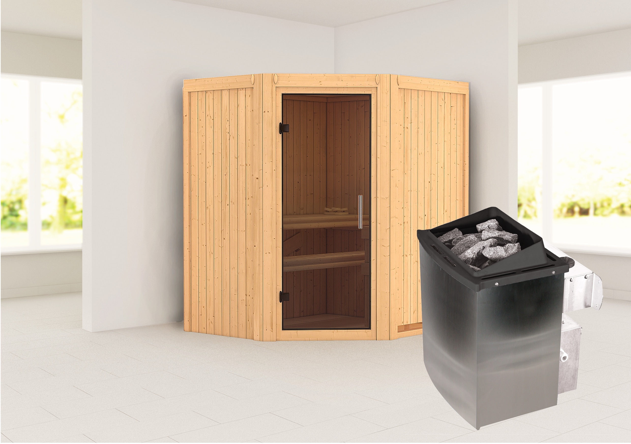 Sauna KARIBU "»Liyah« naturbelassen, mit graphitfarbener Tür", beige (naturbelassen), Saunaofen, integrierte Steuerung, (ohne Ofen), Saunen, in verschiedenen Ausführungen erhältlich Image
