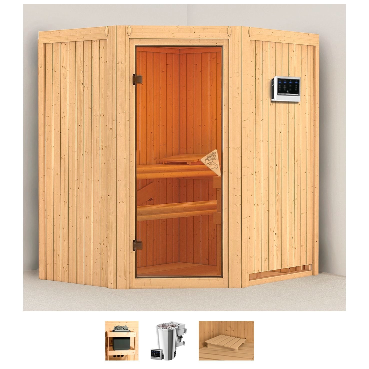 Sauna KARIBU "Tomke", beige (naturbelassen), Bio-Kombiofen, externe Steuerung, 3,6 kW, Saunen, Ofen 3,6 kW Bio-Ofen externe Strg. easy
