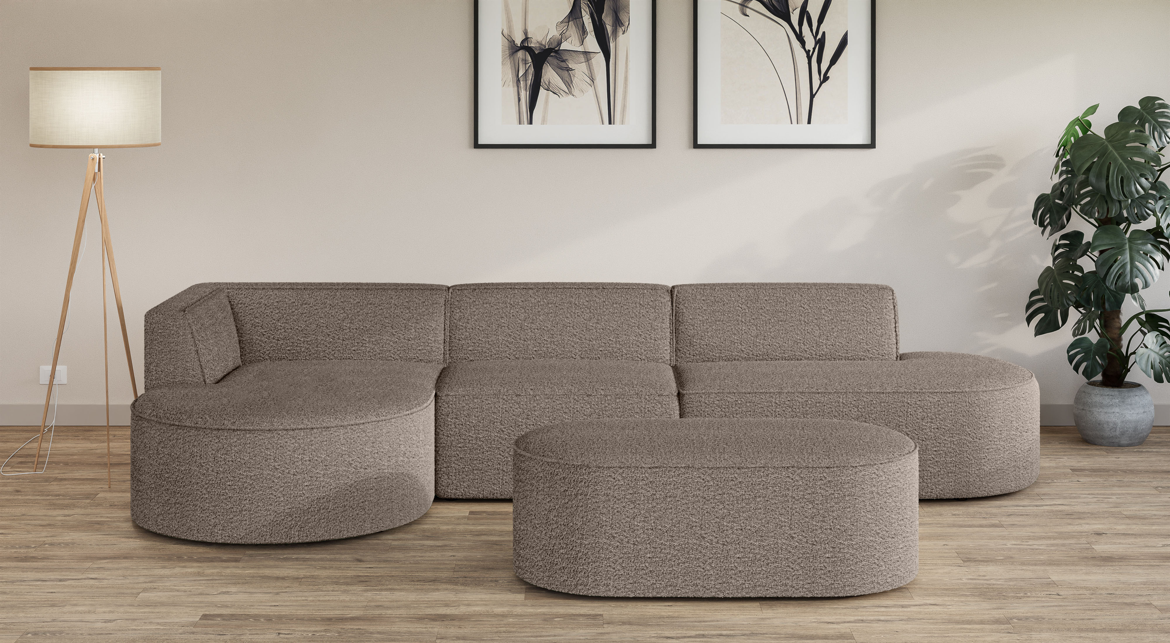 Ecksofa ANDAS "EIVIND Designer Sofa mit Ottomane rechts/links, B/T/H: 343/159/72 cm", grau (taupe), B:343cm H:72cm T:159cm, 100% Polyester, Sofas, L-Form mit Wellenunterfederung, auch in Feincord und Bouclé