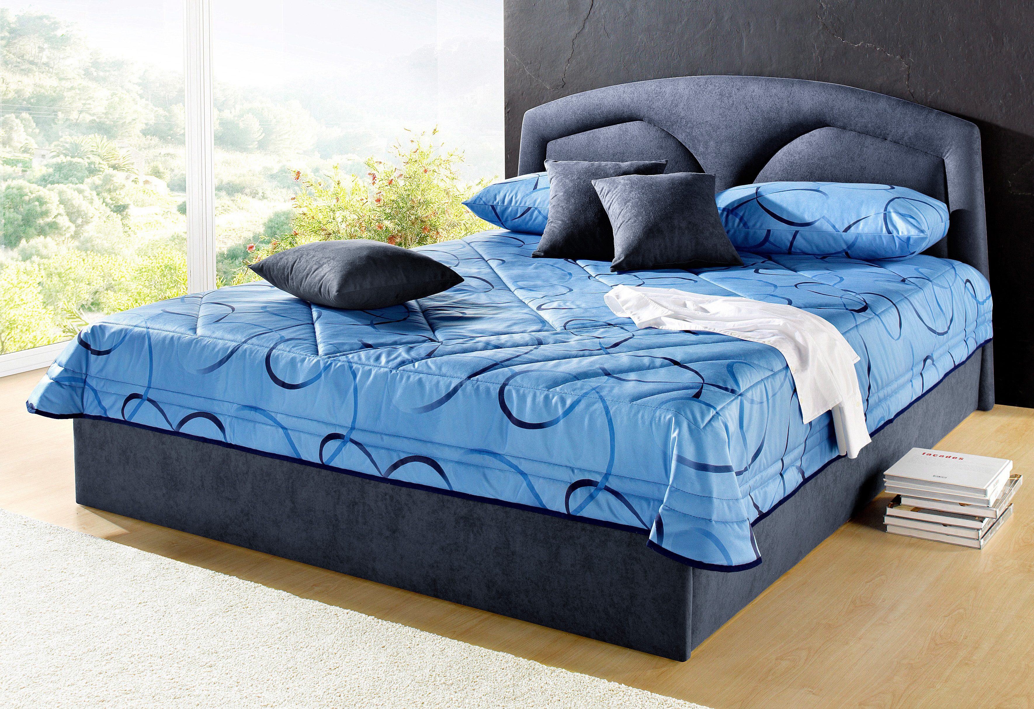 Polsterbett, blau, B:192cm L:212cm, Bezug Bett: Microfaser (100% Polyester);Bonnell-Federkernmatratze: 51% Polypropylen, 39% Polyester und 10% Baumwolle;Kaltschaummatratze: 100% Polyester, Bezug abnehm- und waschbar bis 60C, WESTFALIA SCHLAFKOMFORT,... Image