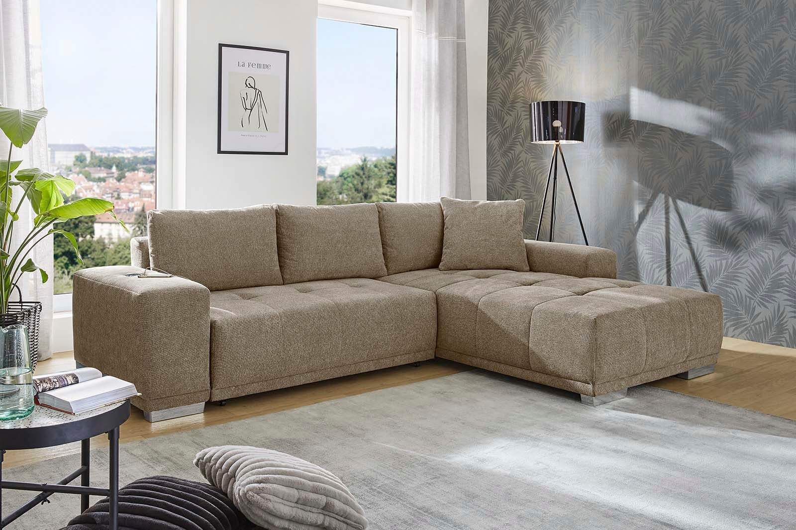 Ecksofa JOCKENHÖFER GRUPPE "Luciano L-Form mit induktiver Lademöglichkeit, USB-A & USB-C Ladeport", braun (hellbraun), B:282cm T:100cm, Korpus: 95% Polyester, 5% Nylon;Kissen: 95% Polyester, 5% Nylon, Sofas, Bettkasten/Stauraum, rechts/links... Image