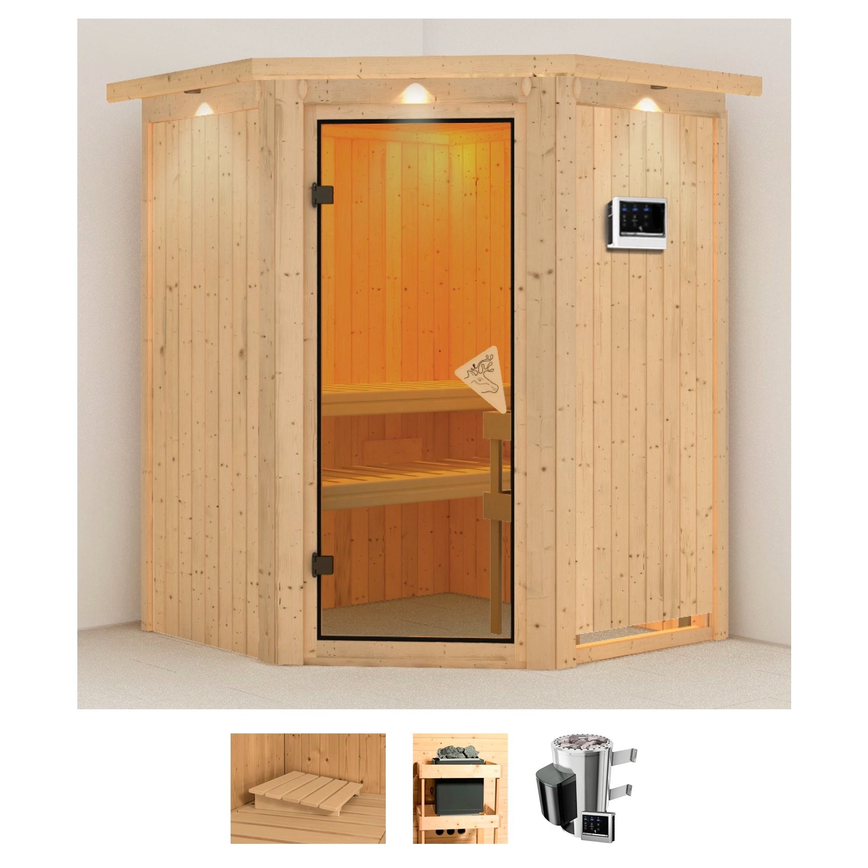 Sauna KARIBU "Nanna", beige (naturbelassen), Saunaofen, externe Steuerung, 3,6 kW, Saunen, Ofen 3,6 kW externe Strg.easy