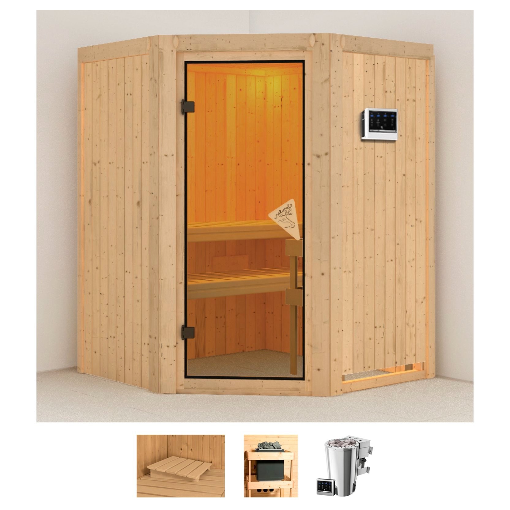 Sauna KARIBU "Nanna", beige (naturbelassen), Bio-Kombiofen, externe Steuerung, 3,6 kW, Saunen, 3,6-kW-Bio-Plug & Play Ofen mit externer Steuerung Image