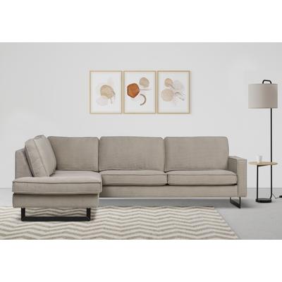Ecksofa PLACES OF STYLE "Pinto, 290 cm, Cord, Chenille, Lederoptik, Ottomane links / rechts", grau (hellgrau), B:290cm H:85cm T:217cm, Luxus-Microfaser in Lederoptik (100% Polyester), Cord (92% Polyester, 8% Polyamide), Sofas, mit Keder, schwarze... Image