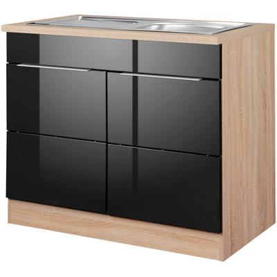 Spülenschrank KOCHSTATION "KS-Brindisi", schwarz (schwarz hochglanz, eichefarben), B:100cm H:85cm T:60cm, MDF, Holzwerkstoff, Schränke, 100 cm breit, inklusive Einbauspüle Image