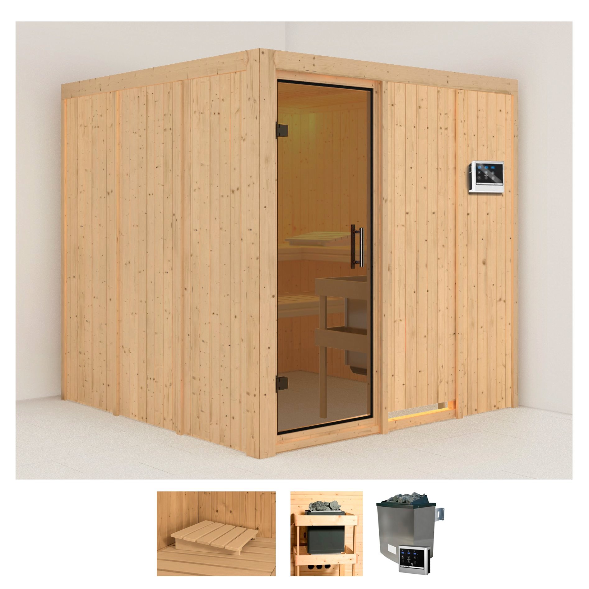 Sauna KARIBU "Rodin", beige (naturbelassen), Saunaofen, externe Steuerung, 9 kW, Saunen, 9-kW-Ofen mit externer Steuerung Image