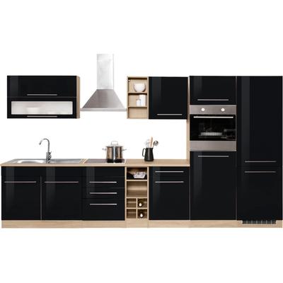 Küchenzeile KOCHSTATION "KS-Eton", schwarz (front: schwarz hochglanz, korpus: eichefarben, arbeitsplatte: eichefarben), B:360cm T:60cm, Komplettküchen-Sets, ohne E-Geräte, Breite 360 cm Image