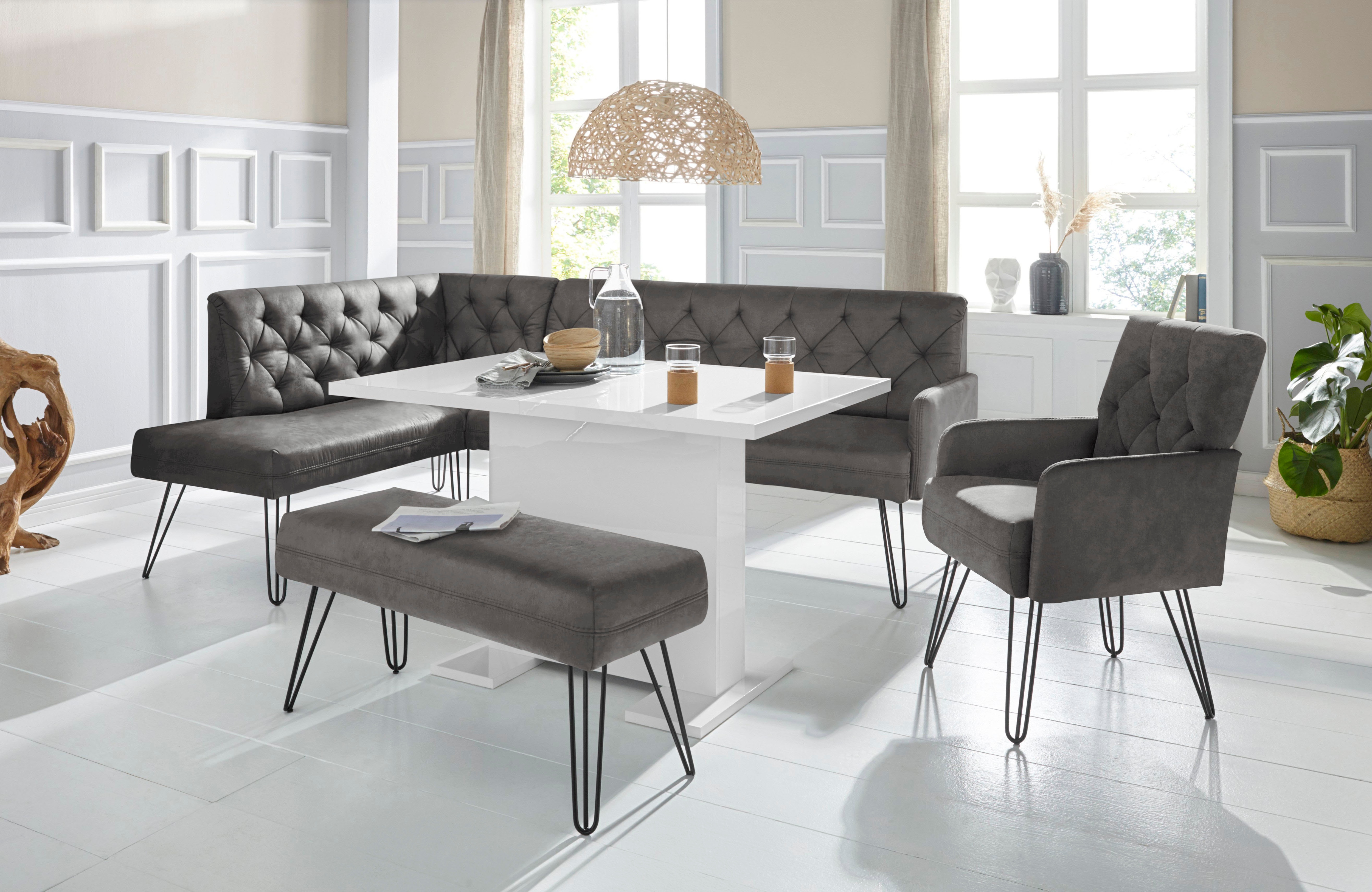 Eckbank EXXPO - SOFA FASHION "Doppio, Chesterfield Optik, komfortabel und bequem, hohe Designfüße", blau (antrazith), B:158cm H:90cm T:236cm, 100% Polyester, Sitzbänke, Frei im Raum stellbar Image