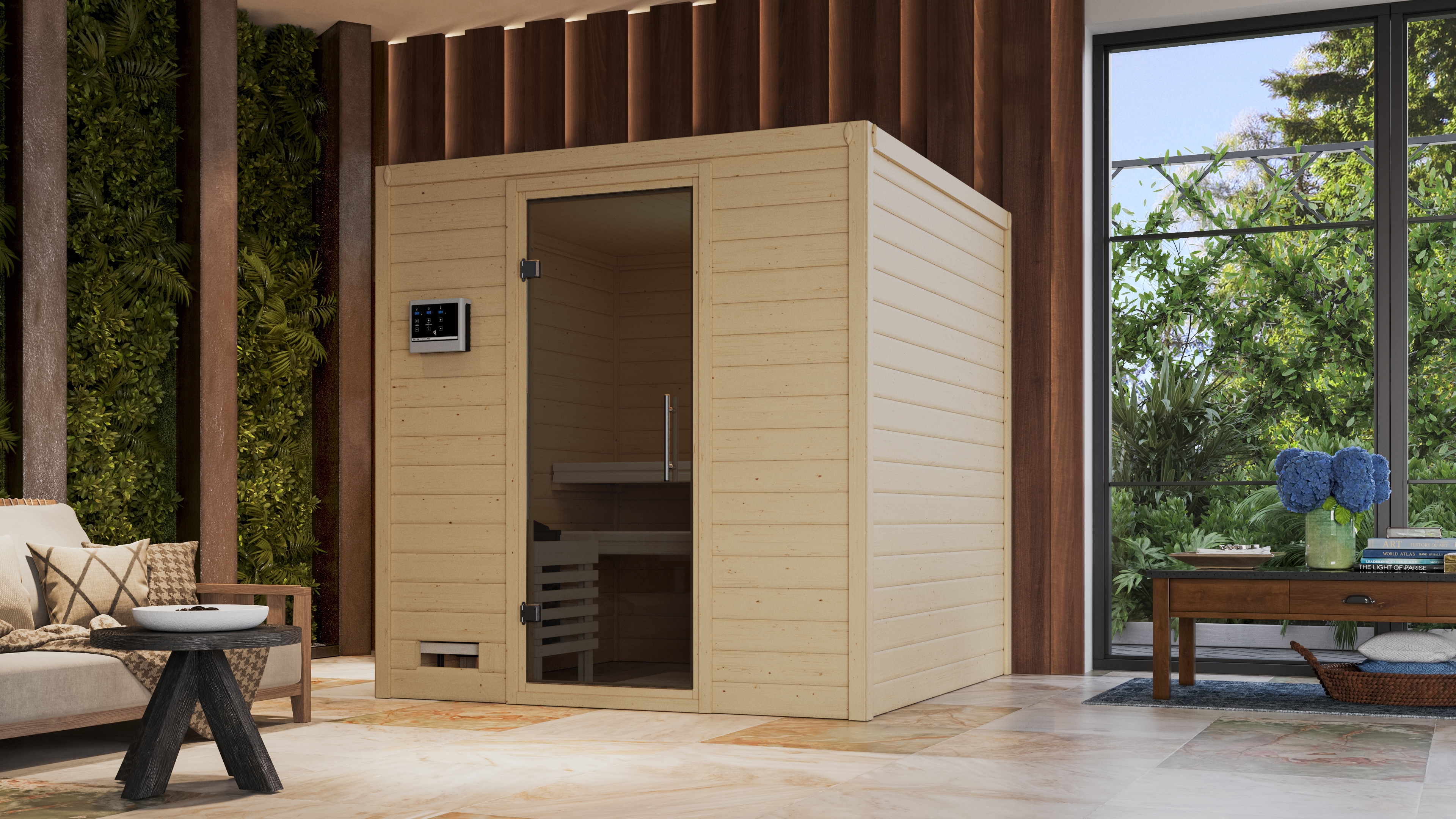 Sauna KARIBU "Menja", beige (naturbelassen), ohne Ofen, (ohne Ofen), Saunen, ohne Ofen Image