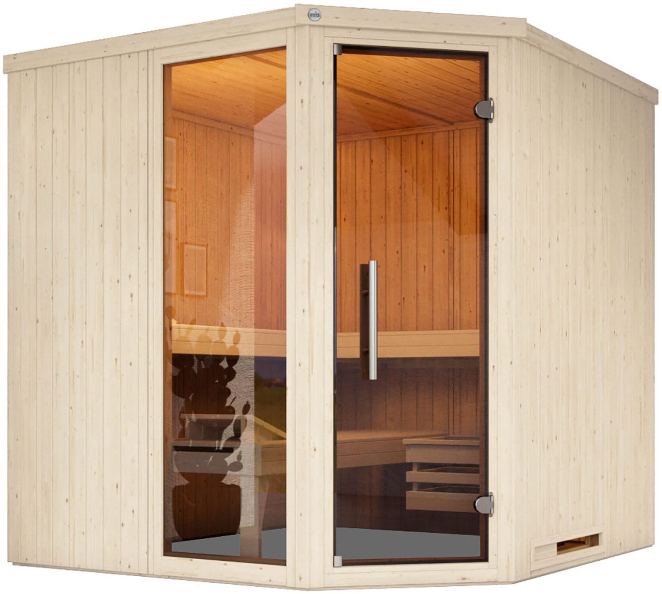 Sauna WEKA "Element-Ecksauna VARBERG 3", weiß, ohne Ofen, ohne Steuerung, (ohne Ofen), Saunen, vorgefertigte Elemente, moderne Ganzglastür, bodenl. Fensterelement Image