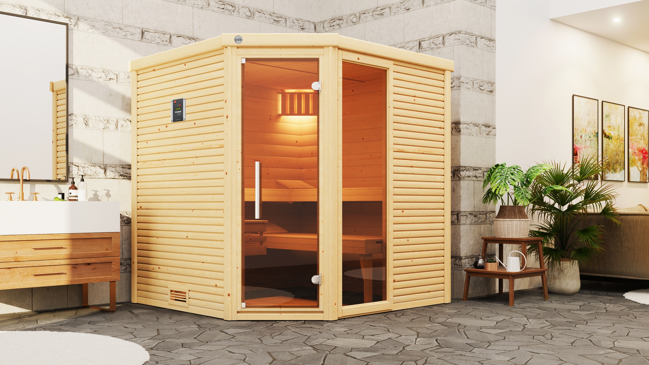 Sauna WEKA "Design-Sauna CUBILIS 2", beige (natur), ohne Ofen, ohne Steuerung, (ohne Ofen), Saunen, Blockbohlen im wekaLine-Profil, Fensterelement, Ganzglastür