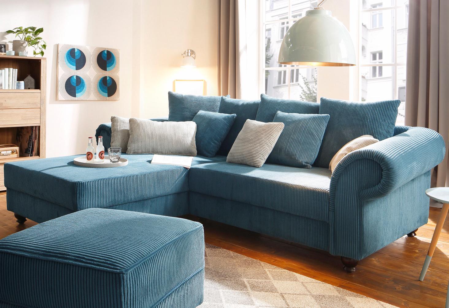 Ecksofa HOME AFFAIRE "King George King Henry, Mega Sofa, Breite 260cm, L-Form", blau (petrol), B:260cm H:90cm T:190cm, Samtcord »Ribbon« (88% Polyester 12% Polyacryl);Luxus-Microfaser (100% Polyester), Sofas, mit Federkern, in legerer Polsterung und...