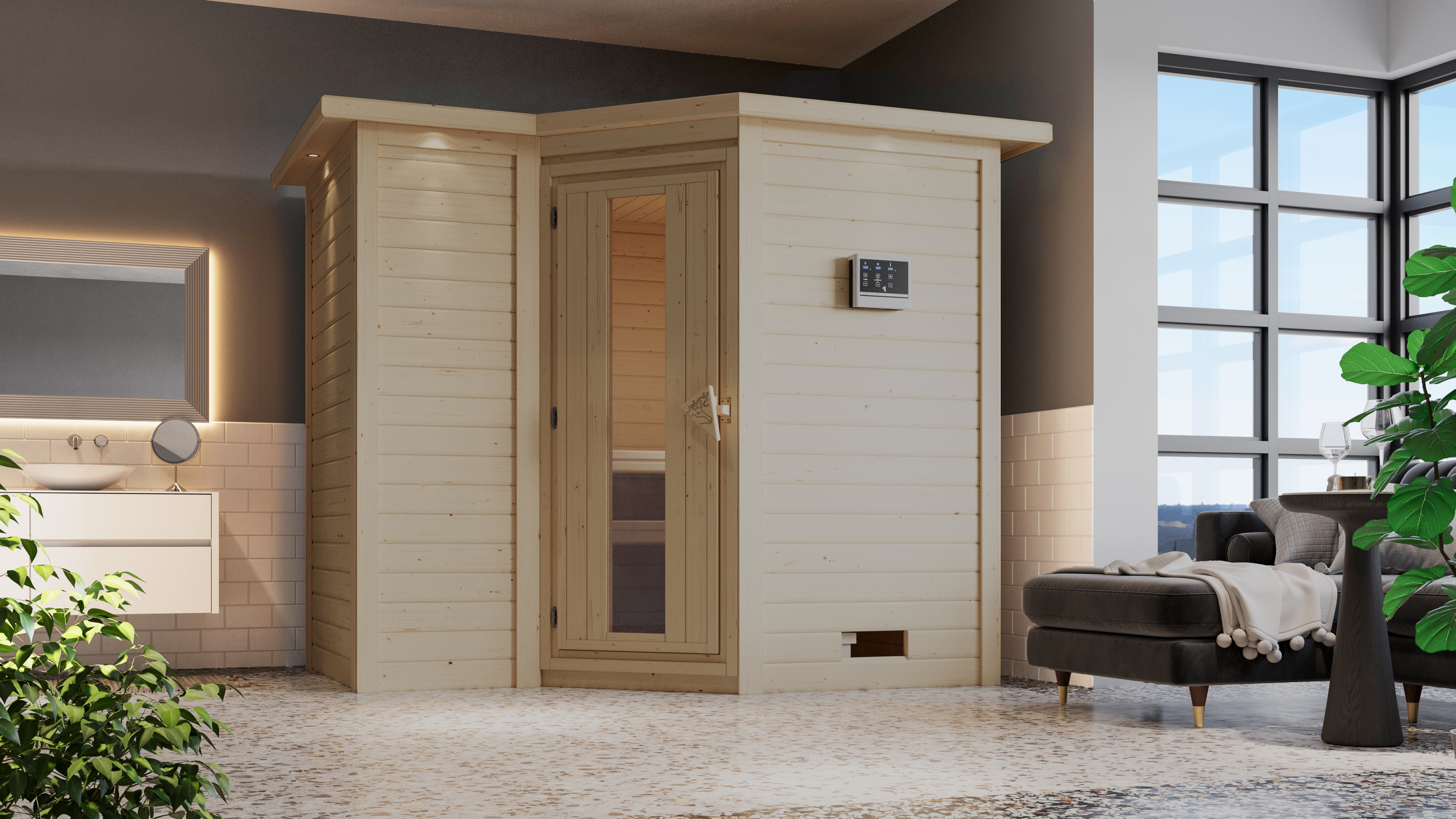 Sauna KARIBU "Sanna 2", beige (naturbelassen), Bio-Kombiofen, externe Steuerung, 9 kW, Saunen, Ofen 9 kW Bio externe Strg easy Image