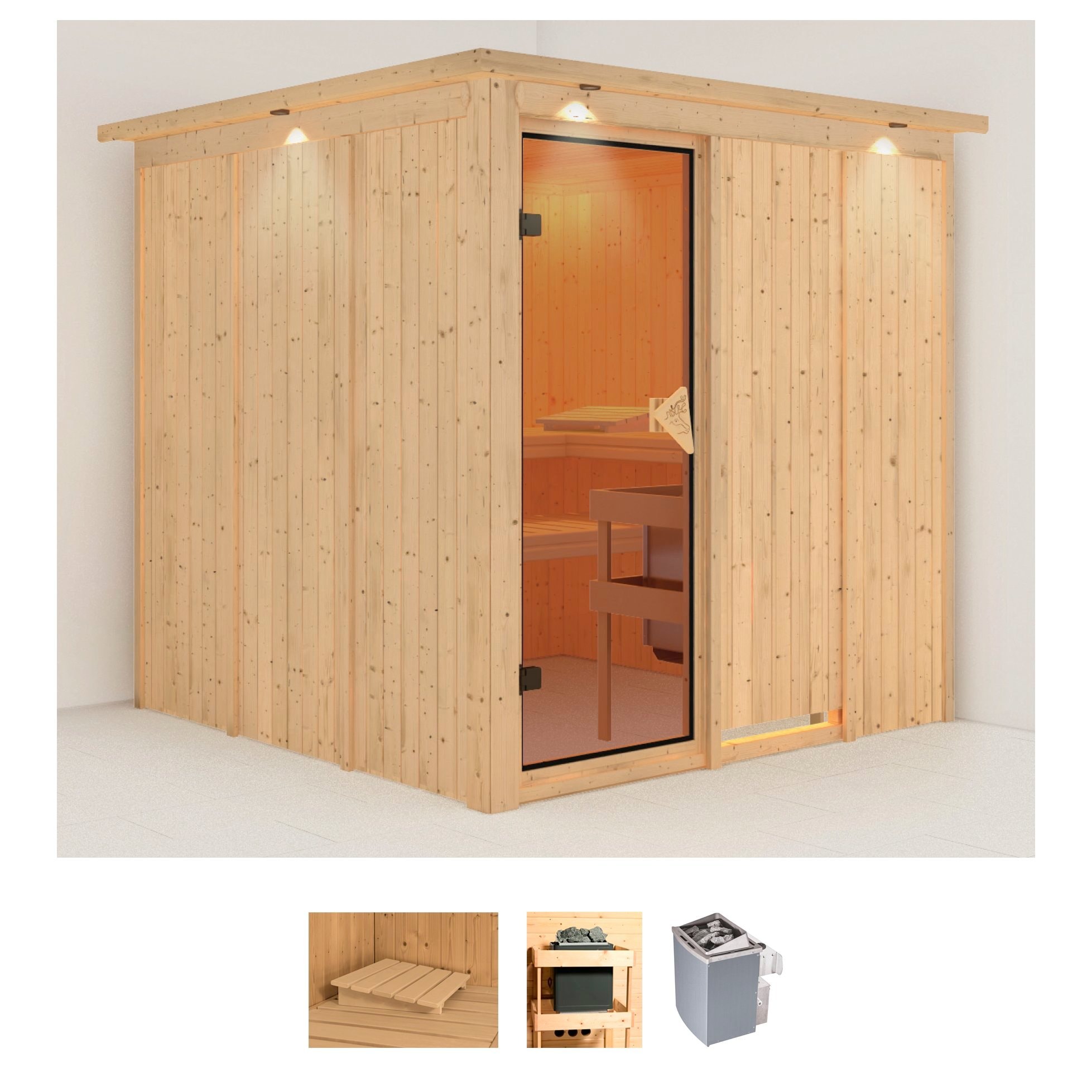Sauna KARIBU "Rodin", beige (naturbelassen), Saunaofen, integrierte Steuerung, 9 kW, Saunen, 9-kW-Ofen mit integrierter Steuerung Image